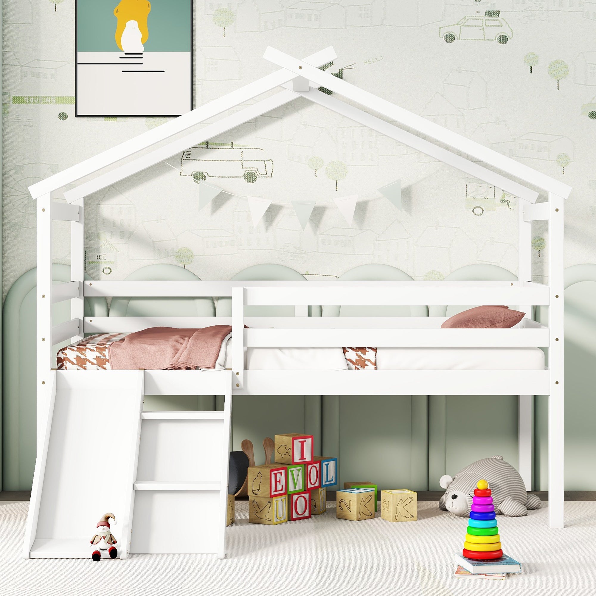 PAPROOS Loft Bed, Twin Size Loft Bed Frame with Slide and Ladder