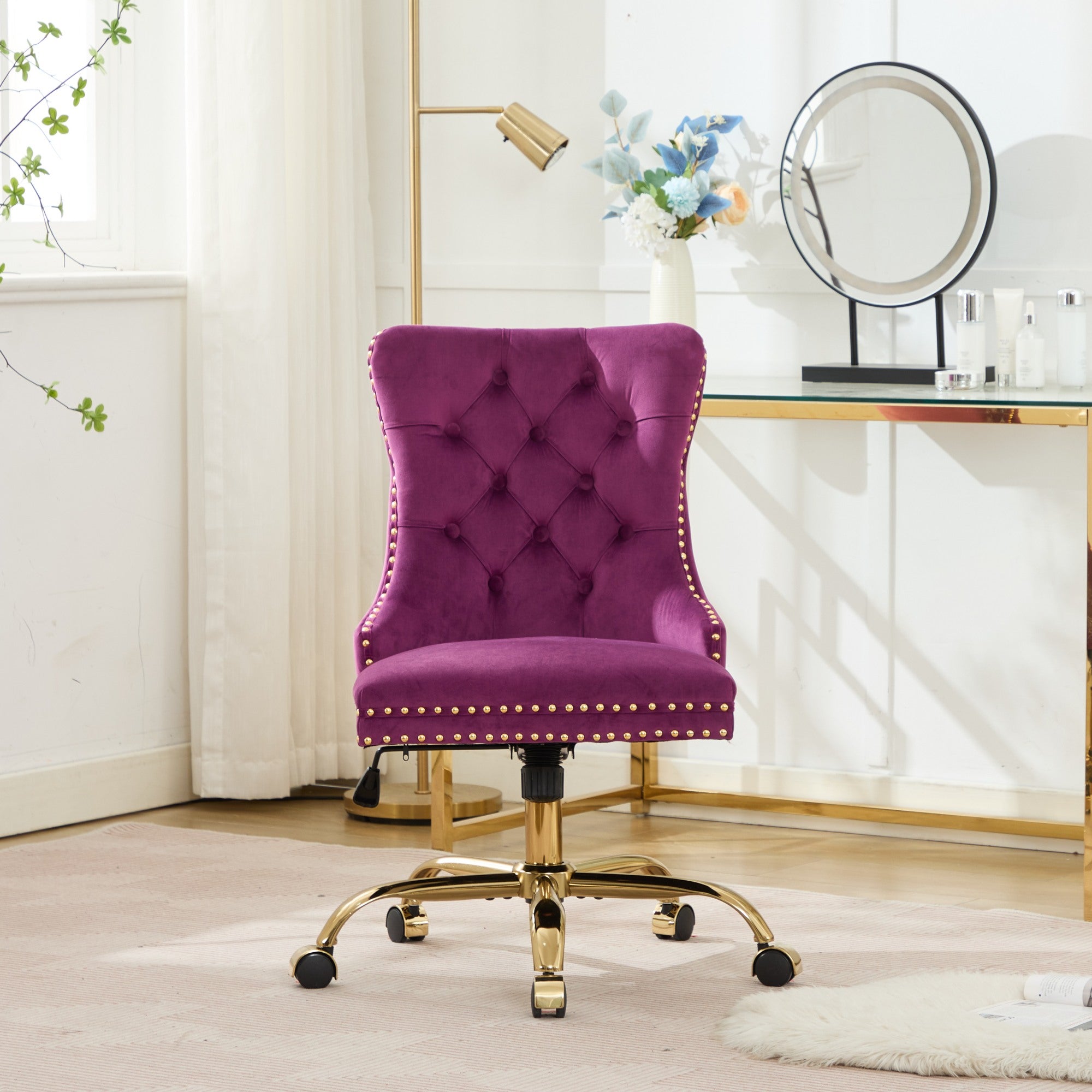 PAPROOS Vanity Chair, Swivel Home Office Chair, Ergonomic Home Desk Chair with Golden Metal Base, Adjustable Height, Velvet Upholstered Tufted Button Task Chair, Beige