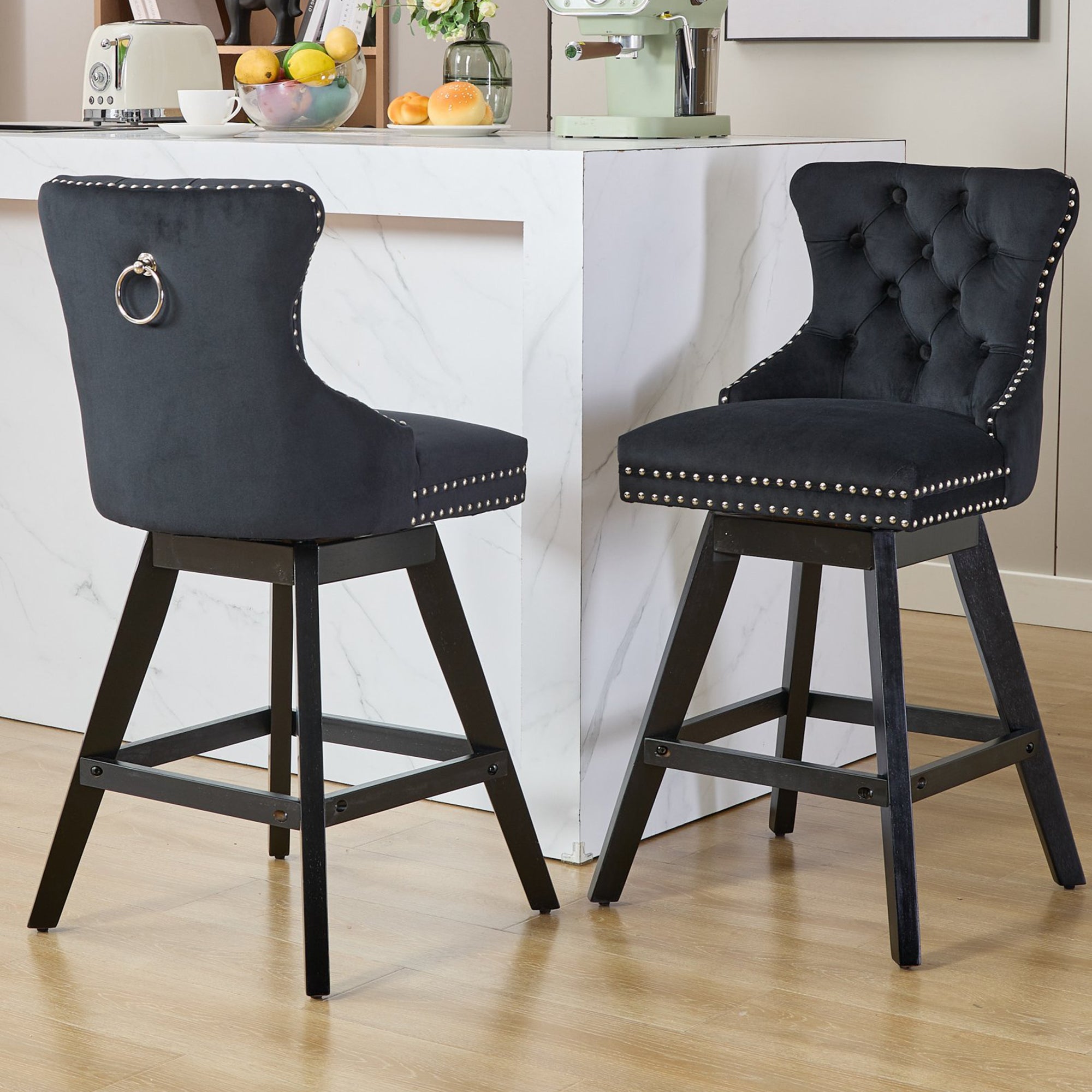 Swivel Bar Stools Set of 2, Velvet Counter Height Bar Stools with Back, Swivel Dining Chair with Button Tufted and Wooden Legs, Kitchen Chair Counter Stools for Kitchen Island