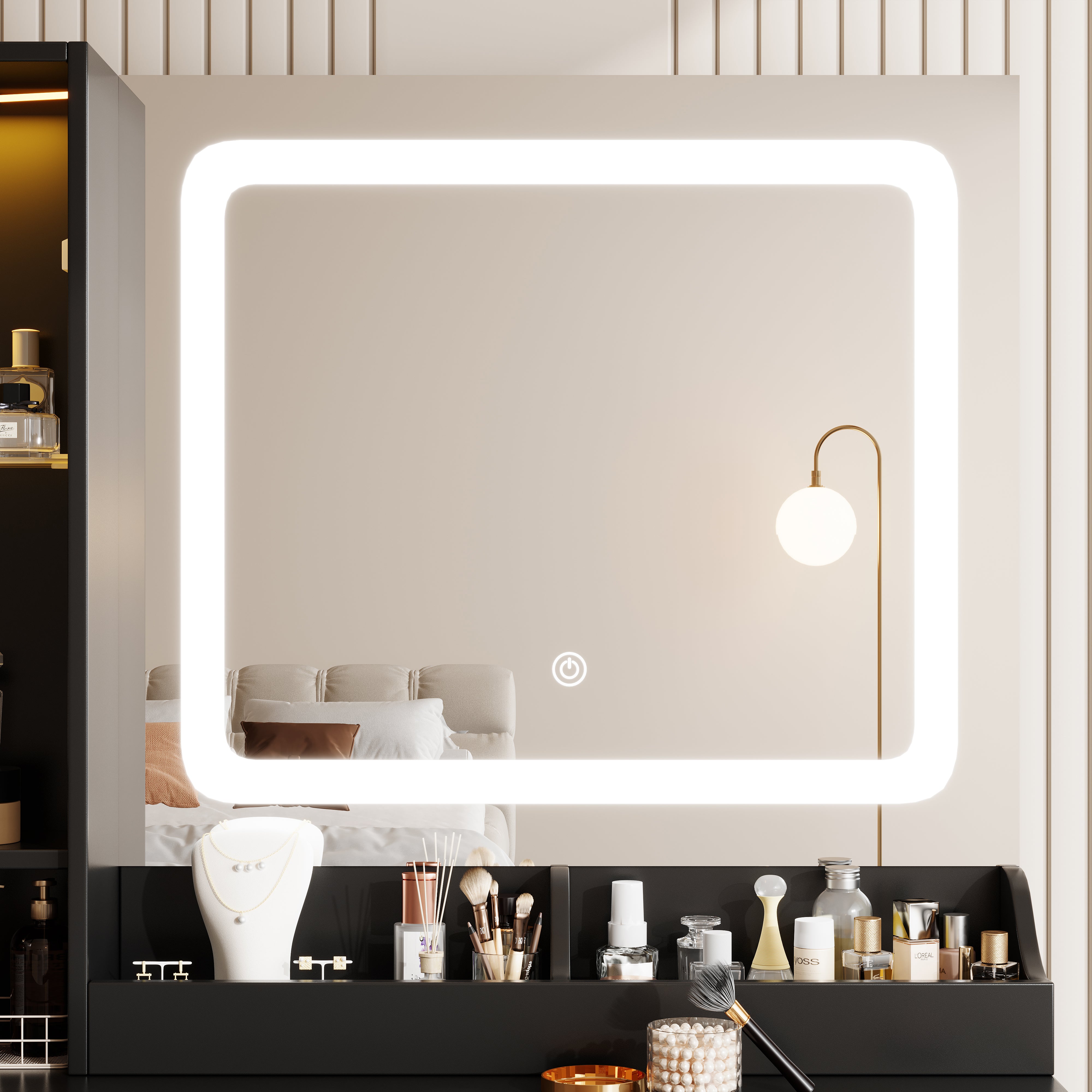 PAPROOS Vanity Set with 3 Color Lighted Mirror, Modern Makeup Vanity Table with Charging Station and Hair Dryer Rack, Bedroom Dressing Table with 3 Drawers, Cabinet, Cushioned Stool for Girls, Black