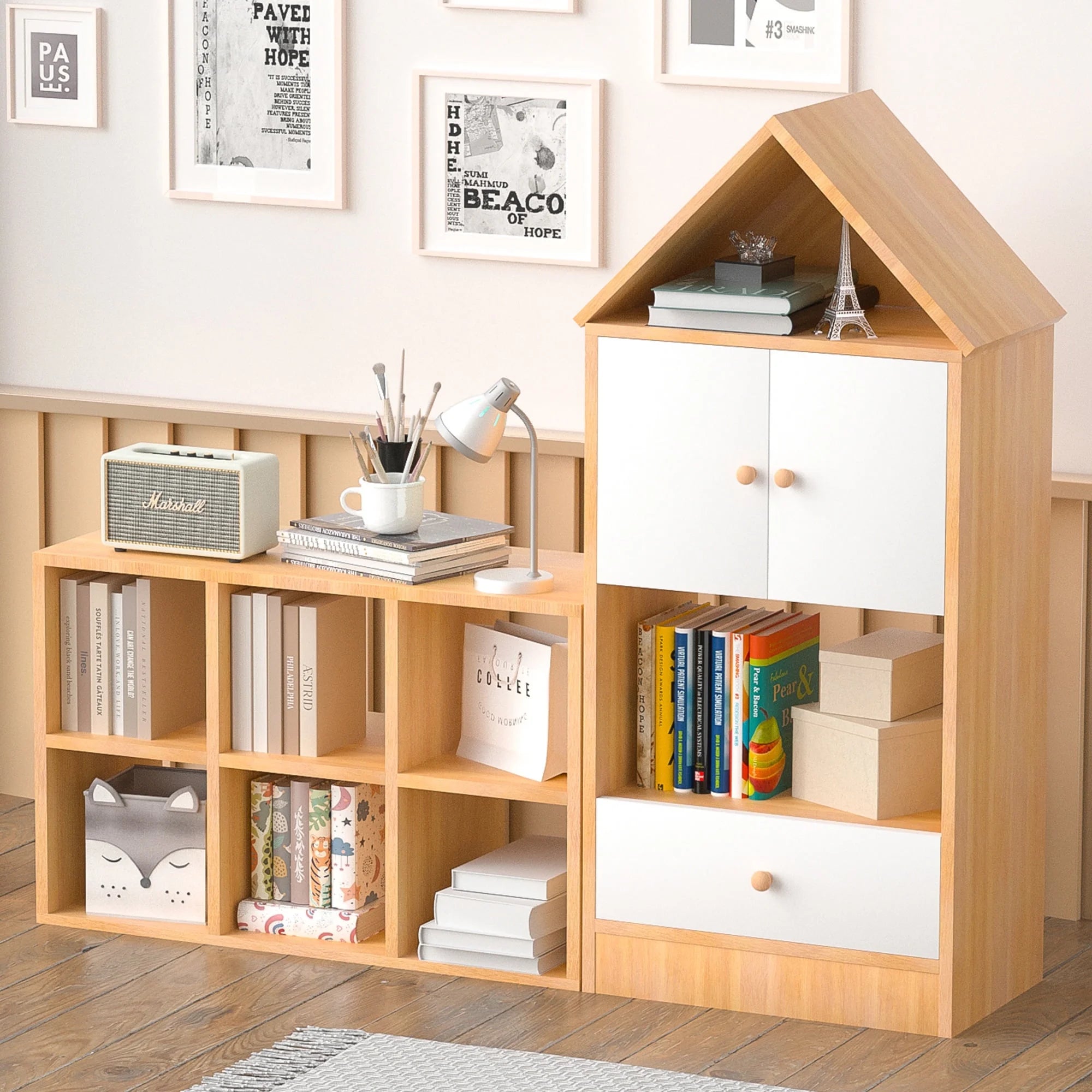 Bookshelf for Kids, Wooden Kids Bookcase with House-Shaped Design, Adjustable Placement, Durable Kids Organizer for Playroom or Bedroom, Single House Design-White