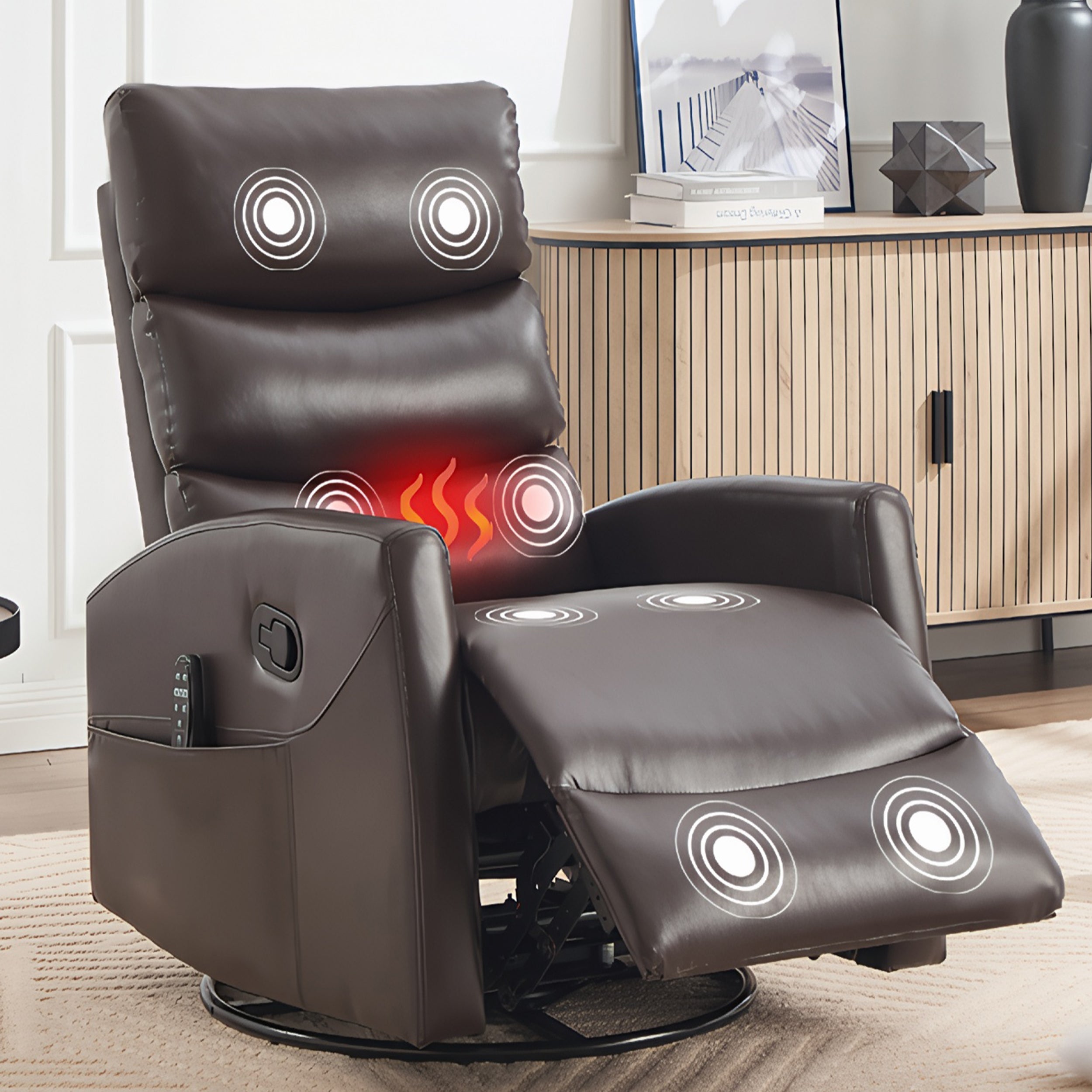 PAPROOS Rocker Recliner with Heat Therapy and Massage, PU Leather 360°Swivel Rocker Recliner, Rocking Chair for Nursery, Small Rocking Recliner, Manual Recliner for Home Theater Living Room