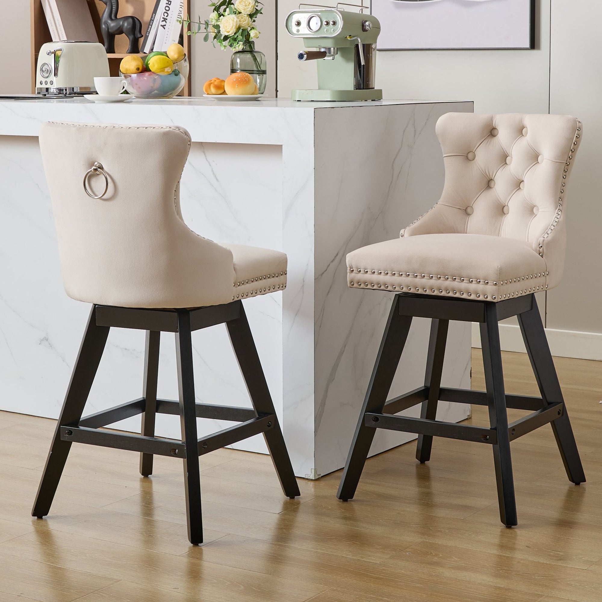 Swivel Bar Stools Set of 2, Velvet Counter Height Bar Stools with Back, Swivel Dining Chair with Button Tufted and Wooden Legs, Kitchen Chair Counter Stools for Kitchen Island