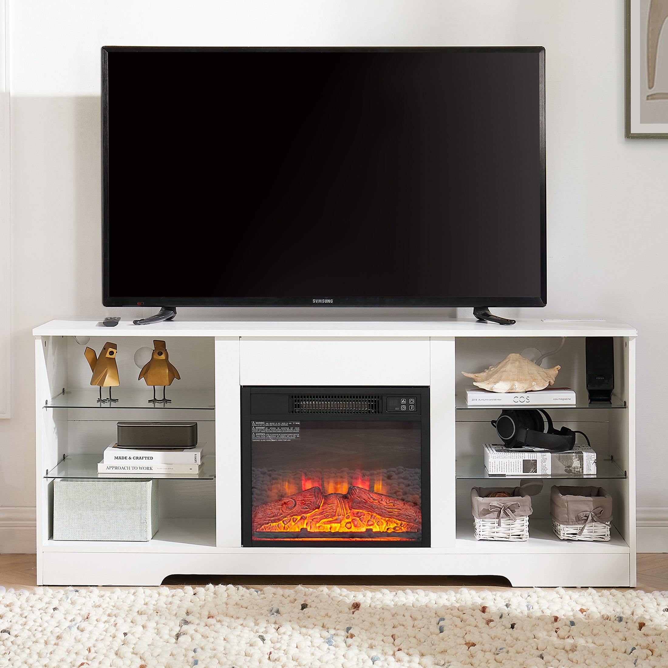 PAPROOS TV Stand With Fireplace for 60" TV, Modern TV Cabinet Entertainment Center with LED Light and 18" Fireplace, Wood TV Console with Glass Shelves, Charging Station, 2-IN-1 Design, White