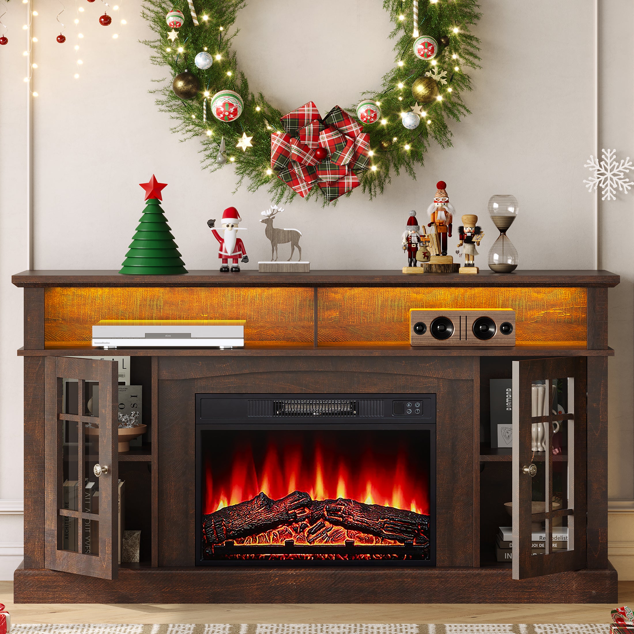 Fireplace TV Stand for 65 Inch TV, 1400w Farmhouse Electric TV Stand with Fireplace, Fireplace Entertainment Center with Remote Control for Living Room, Brown