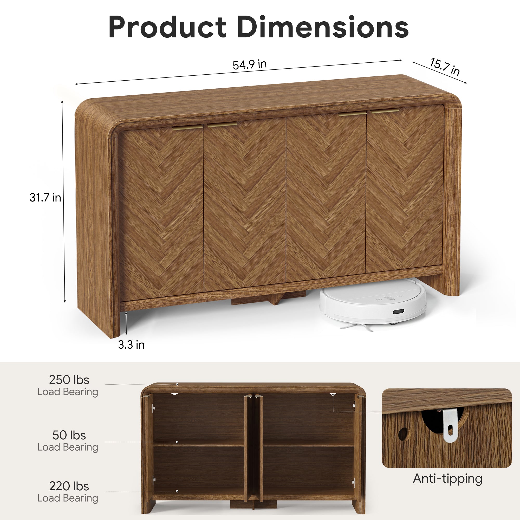 PAPROOS 55" Sideboard Buffet Cabinet with Storage, 4-Door Herringbone Wood Credenza with Adjustable Shelves, Walnut Accent Cabinet for Dining Room, Living Room, Entryway