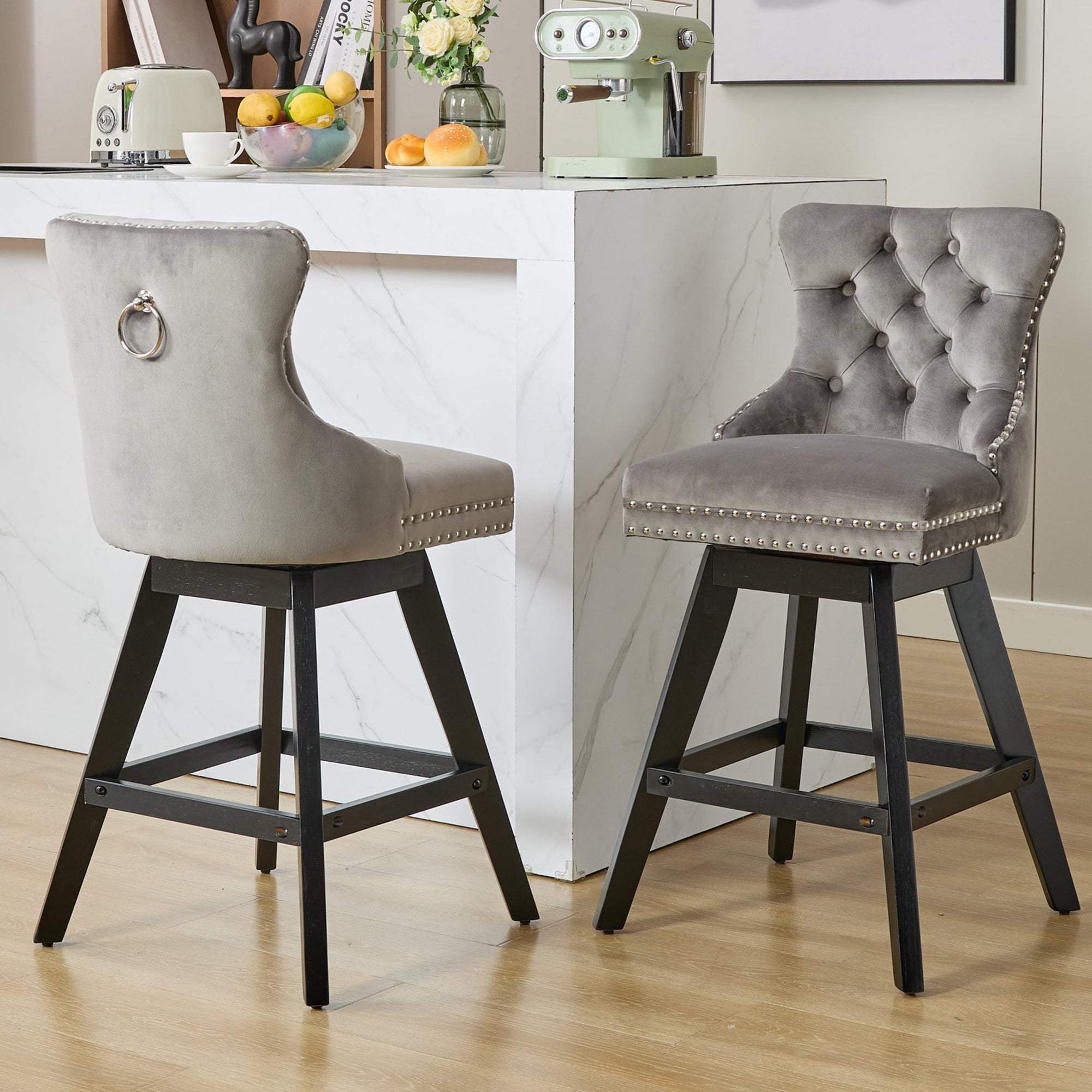 Swivel Bar Stools Set of 2, Velvet Counter Height Bar Stools with Back, Swivel Dining Chair with Button Tufted and Wooden Legs, Kitchen Chair Counter Stools for Kitchen Island
