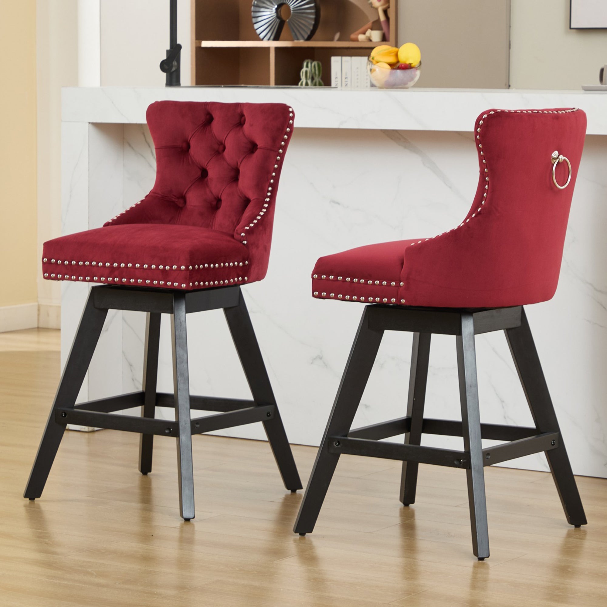 Swivel Bar Stools Set of 2, Velvet Counter Height Bar Stools with Back, Swivel Dining Chair with Button Tufted and Wooden Legs, Kitchen Chair Counter Stools for Kitchen Island
