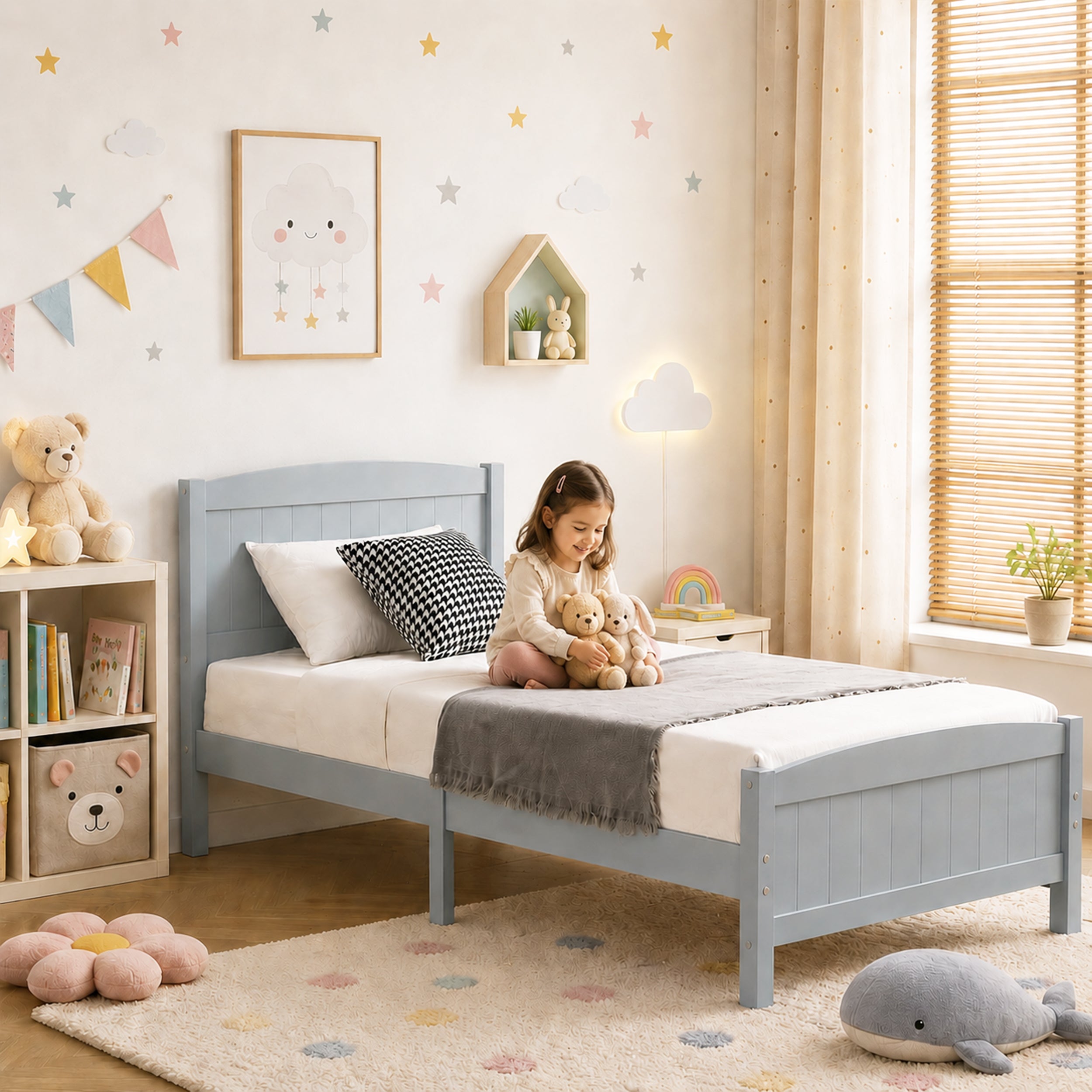 Twin Bed Frame, PAPROOS Wooden Platform Bed Frame with Headboard and Footboard, Twin Size Bed Frame with Underbed Storage, 330lbs Capacity, No Box Spring Needed, Grey
