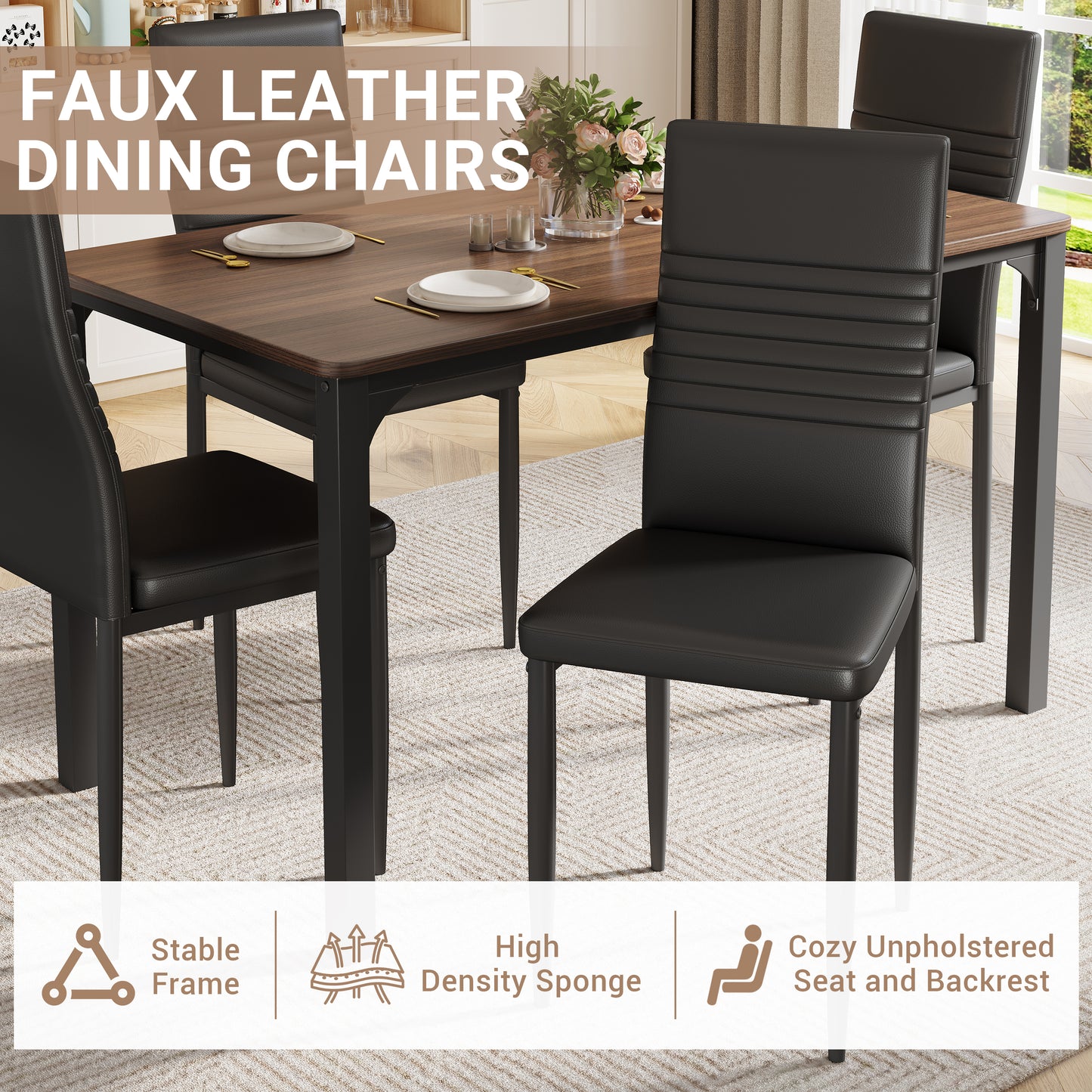 5 Piece Dining Table Set for 4, Paproos Wooden Dining Table and Chairs Set, Modern Kitchen Table Set with PU Leather Upholstered Chairs, Dining Room Table Set for Living Room Breakfast Nook