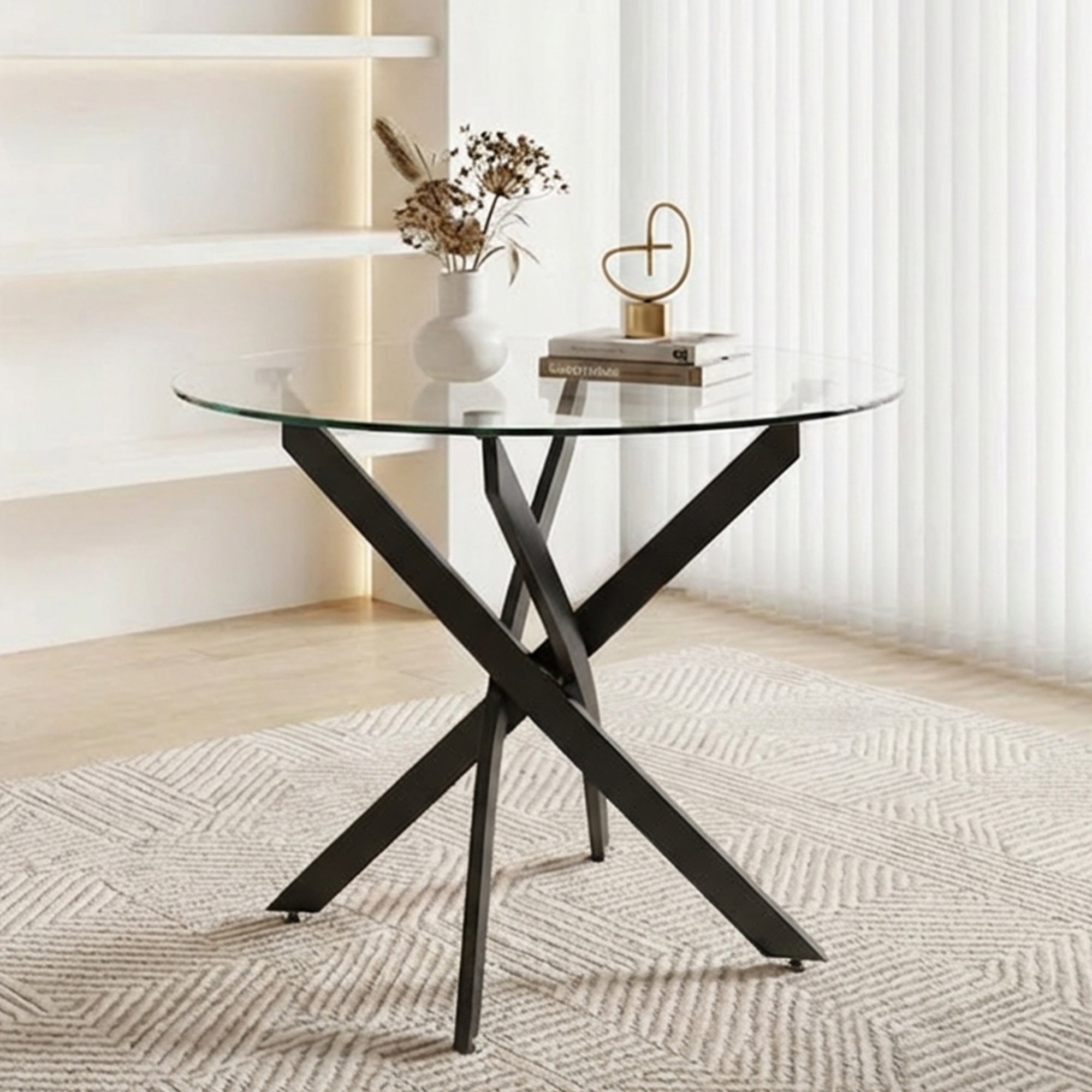40" Round Glass Dining Table, Paproos Dining Table for 4, Kitchen Table with Gold Plated Metal Legs, Minimalist Glass Dining Room Table for Kitchen, Gold(Only Table)