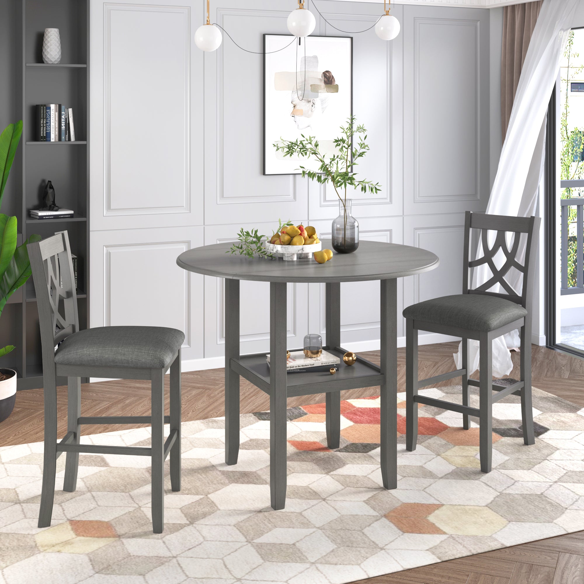 paproos 3-Piece Dining Table Set with Drop Leaf and 2 Chairs, LJC
