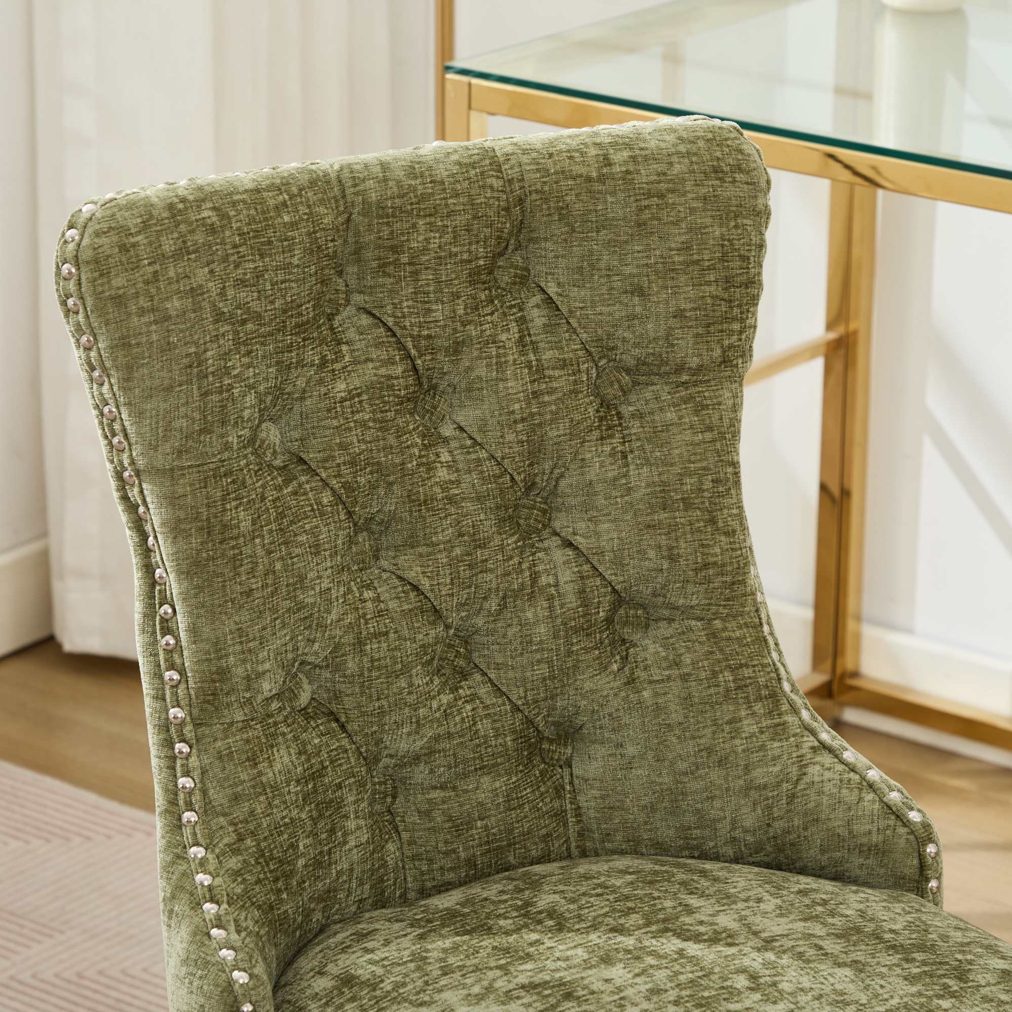 PAPROOS Vanity Chair, Swivel Home Office Chair, Ergonomic Home Desk Chair with Silver Metal Base, Adjustable Height, Chenille Upholstered Tufted Button Task Chair, Green