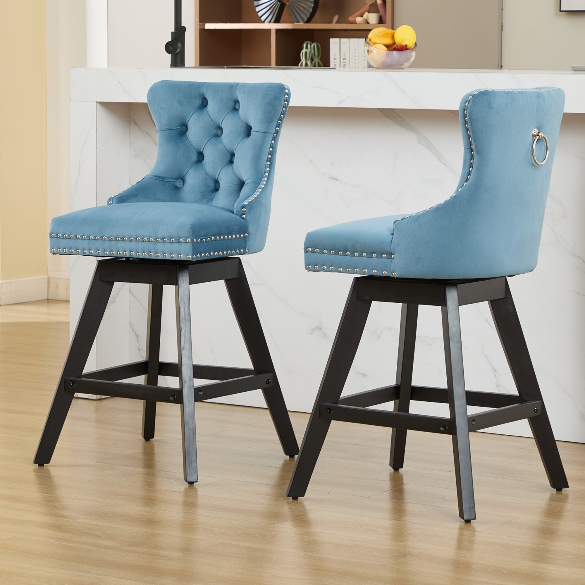 Swivel Bar Stools Set of 2, Velvet Counter Height Bar Stools with Back, Swivel Dining Chair with Button Tufted and Wooden Legs, Kitchen Chair Counter Stools for Kitchen Island