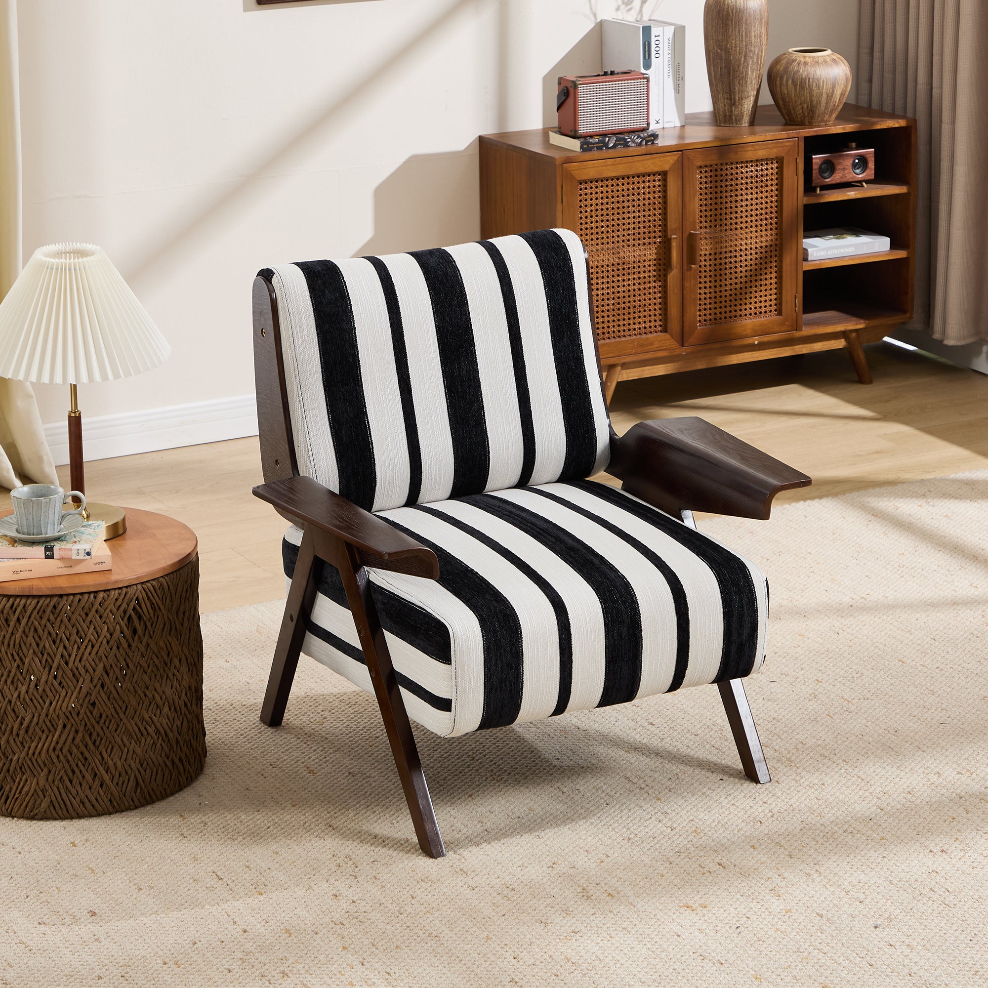PAPROOS Accent Chair, Mid-Century Modern Arm Chair, Upholstered Chair Reading Chair Lounge Chair with Wood Frame for Living Room Bedroom Sunroom, White
