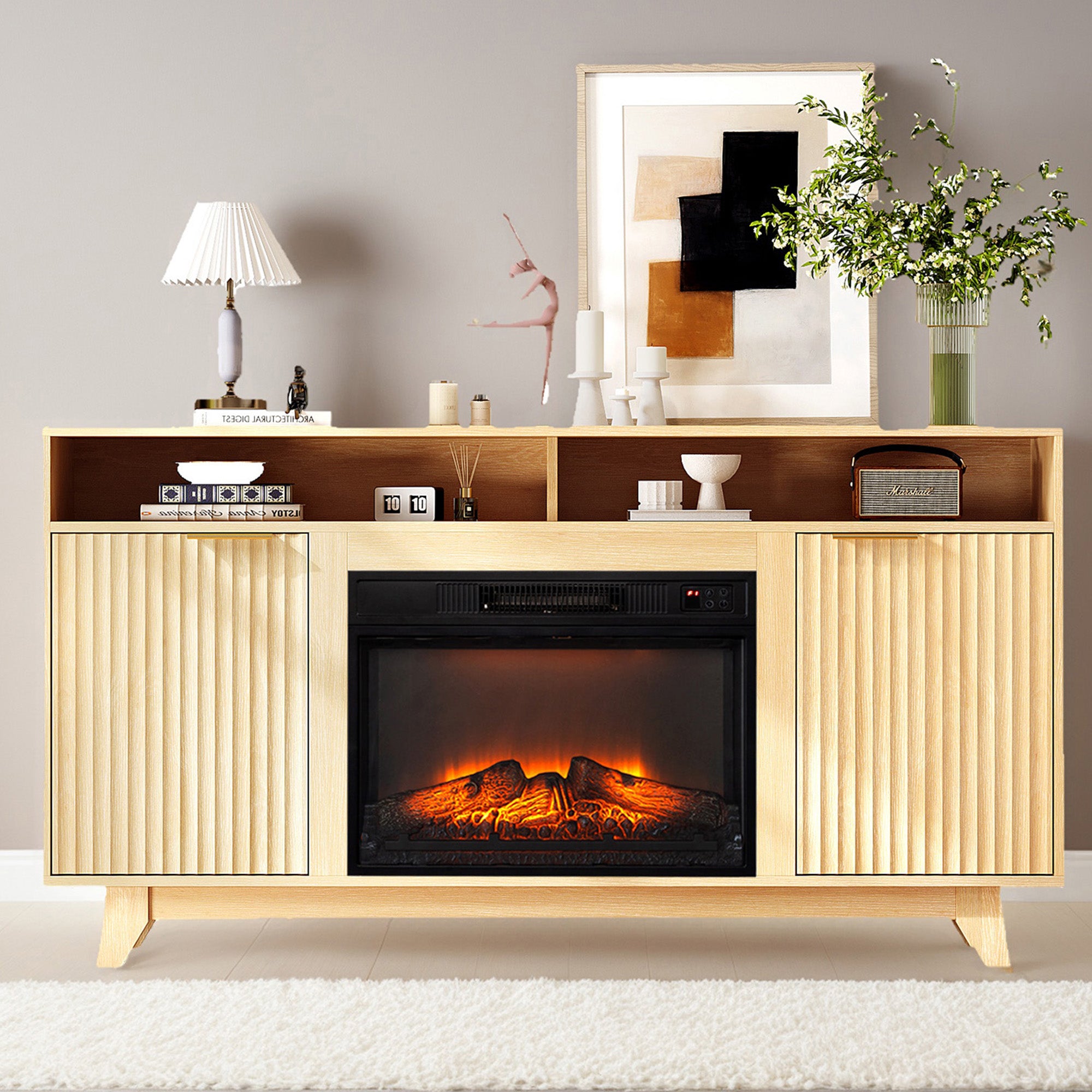 PAPROOS Fireplace TV Stand for TVs up to 70", Farmhouse TV Console with 26" Electric Fireplace, Entertainment Center with Sliding Barn Doors & Storage Cabinets & Adjustable Shelves, Weathered Wood