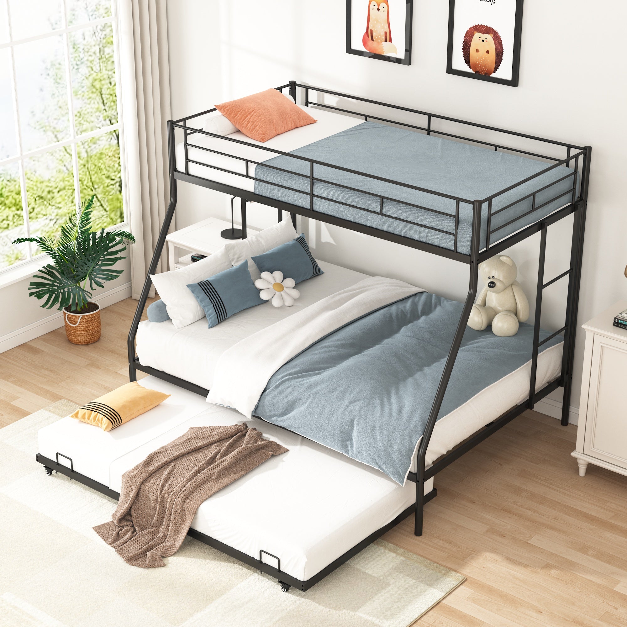 Twin Over Full Metal Bunk Beds with Trundle Bed, Paproos Metal Bunk Beds for Kids Teens Adults with Side Ladders, Twin Over Full Size Bunkbed Frame, No Box Spring Needed, with CPC Certification, Black