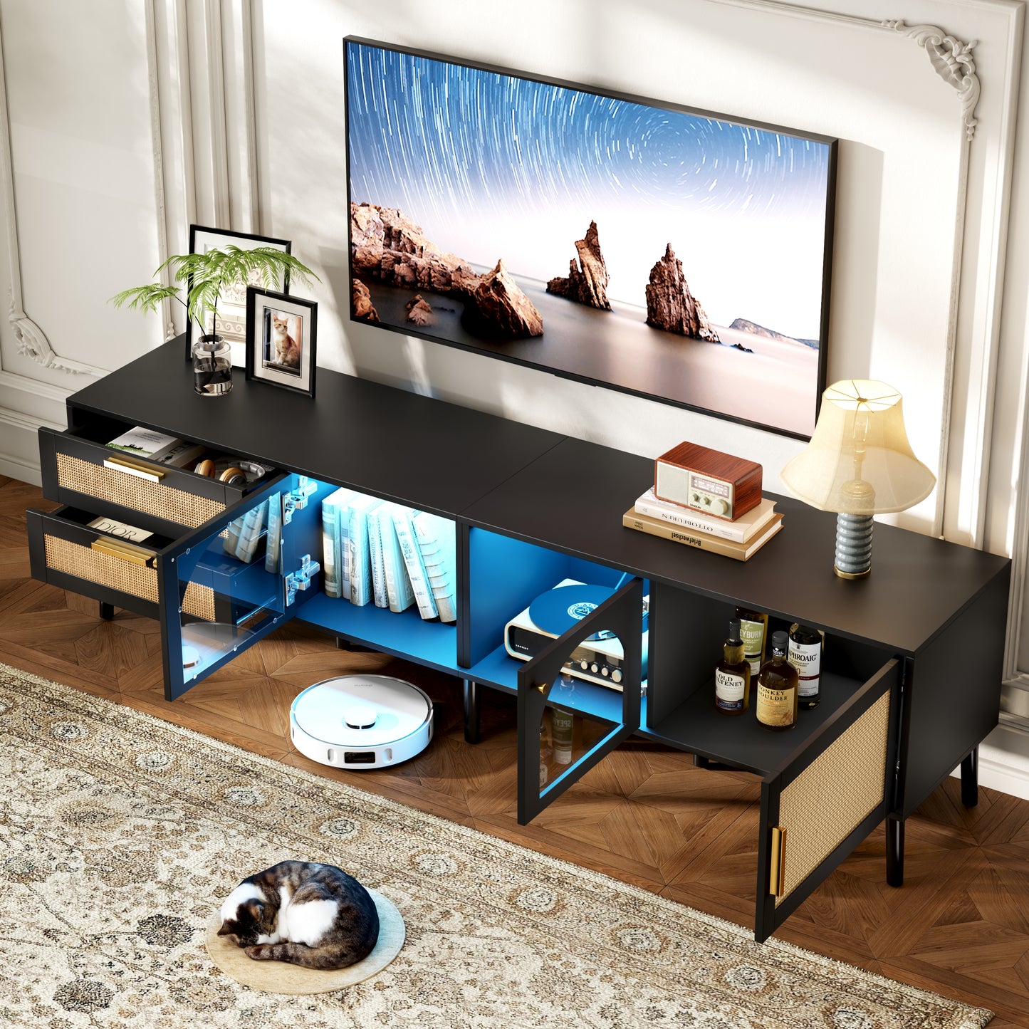 PAPROOS TV Stand for 75 Inch TV, Modern Farmhouse TV Cabinet with LED Light, Living Room Media Console Table with 3 Storage Cabinets and 2 Drawers, Entertainment Center for 70-80 Inches TV, Black