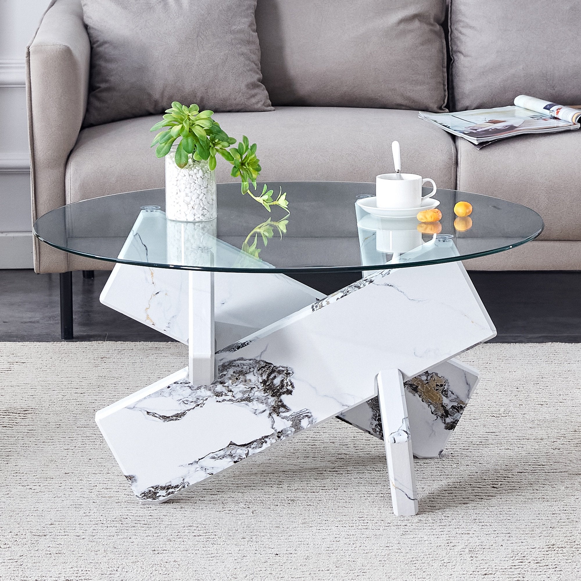 Tempered Glass Coffee Table, Round Cocktail Table with 4 Cross Wooden Legs for Home Office Living Room, Easy to Clean
