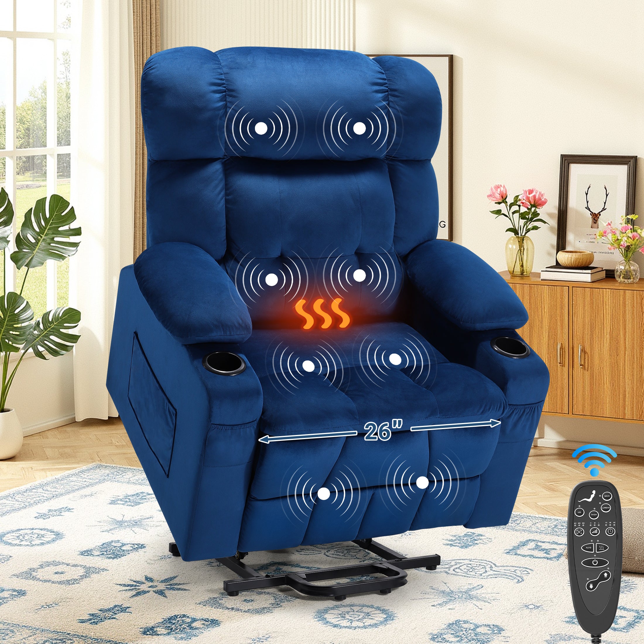 PAPROOS Large Power Lift Recliner Chair with Massage and Heat for Elderly Big and Tall People, Overstuffed Wide Recliners with 2 Cup Holders, Side Pocket for Living Room, Single Sofa, Blue