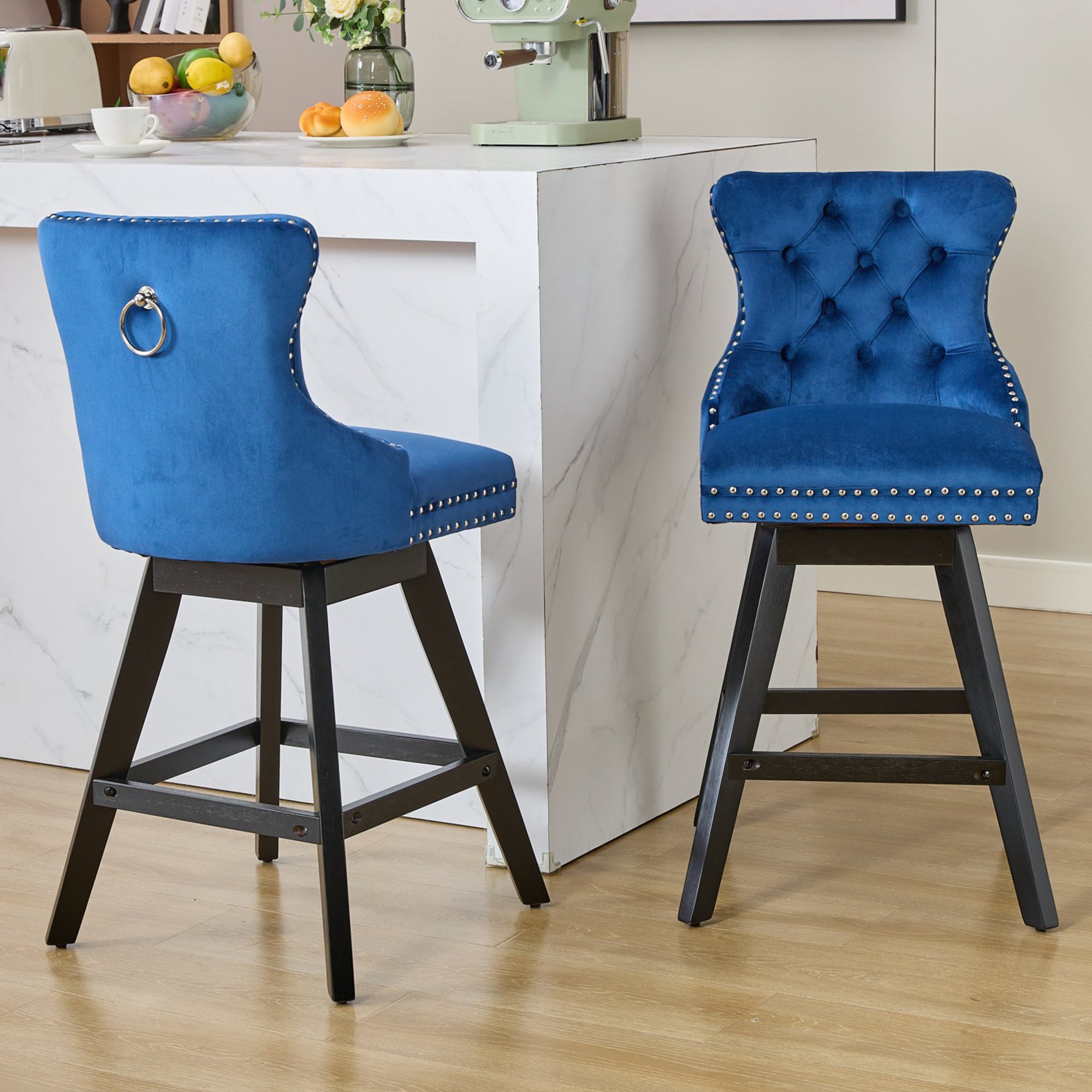 Swivel Bar Stools Set of 2, Velvet Counter Height Bar Stools with Back, Swivel Dining Chair with Button Tufted and Wooden Legs, Kitchen Chair Counter Stools for Kitchen Island