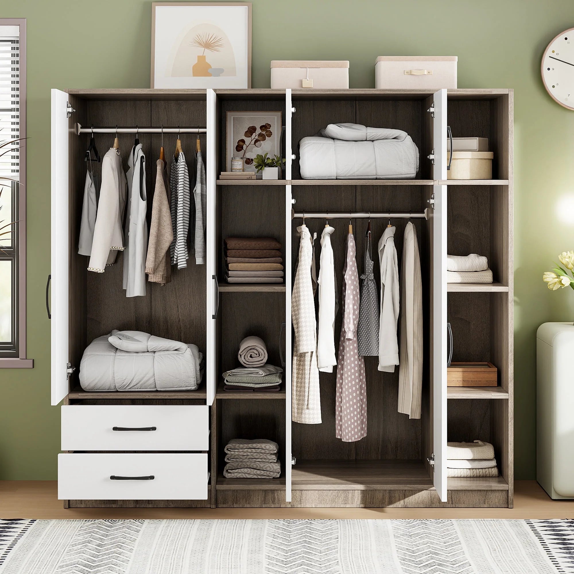 6 Door Armoire Wardrobe Closet, 67'' Large Wardrobe Armoire with 2 Drawers & Shelves, Farmhouse Wooden Armoire Storage with Hanging Rod for Bedroom, Natural
