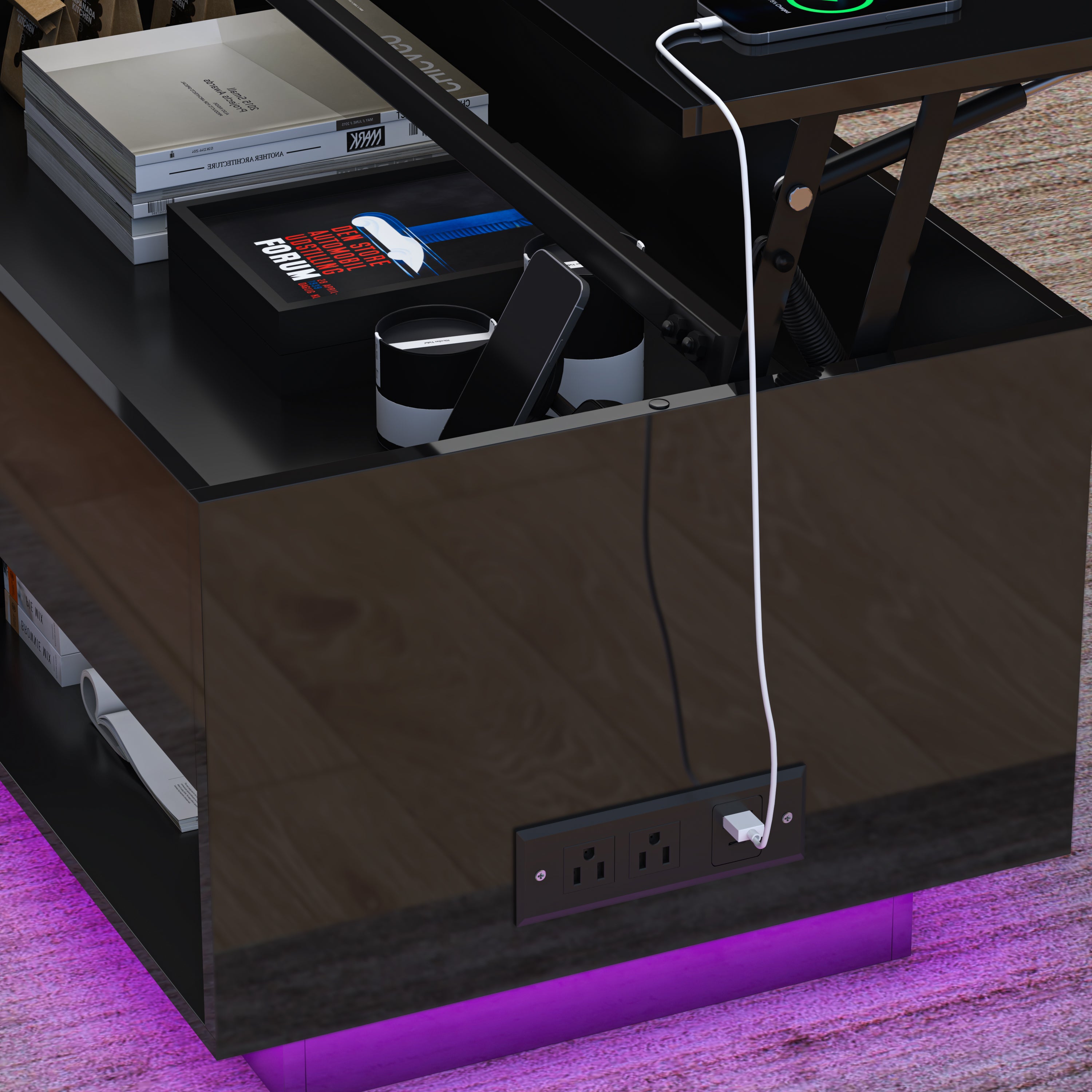 PAPROOS Lift Top Coffee Table for Living Room, Modern Coffee Table with APP Control LED Light and Charging Station, High Gloss Coffee Table with Hidden Storage and Storage Shelves, Black