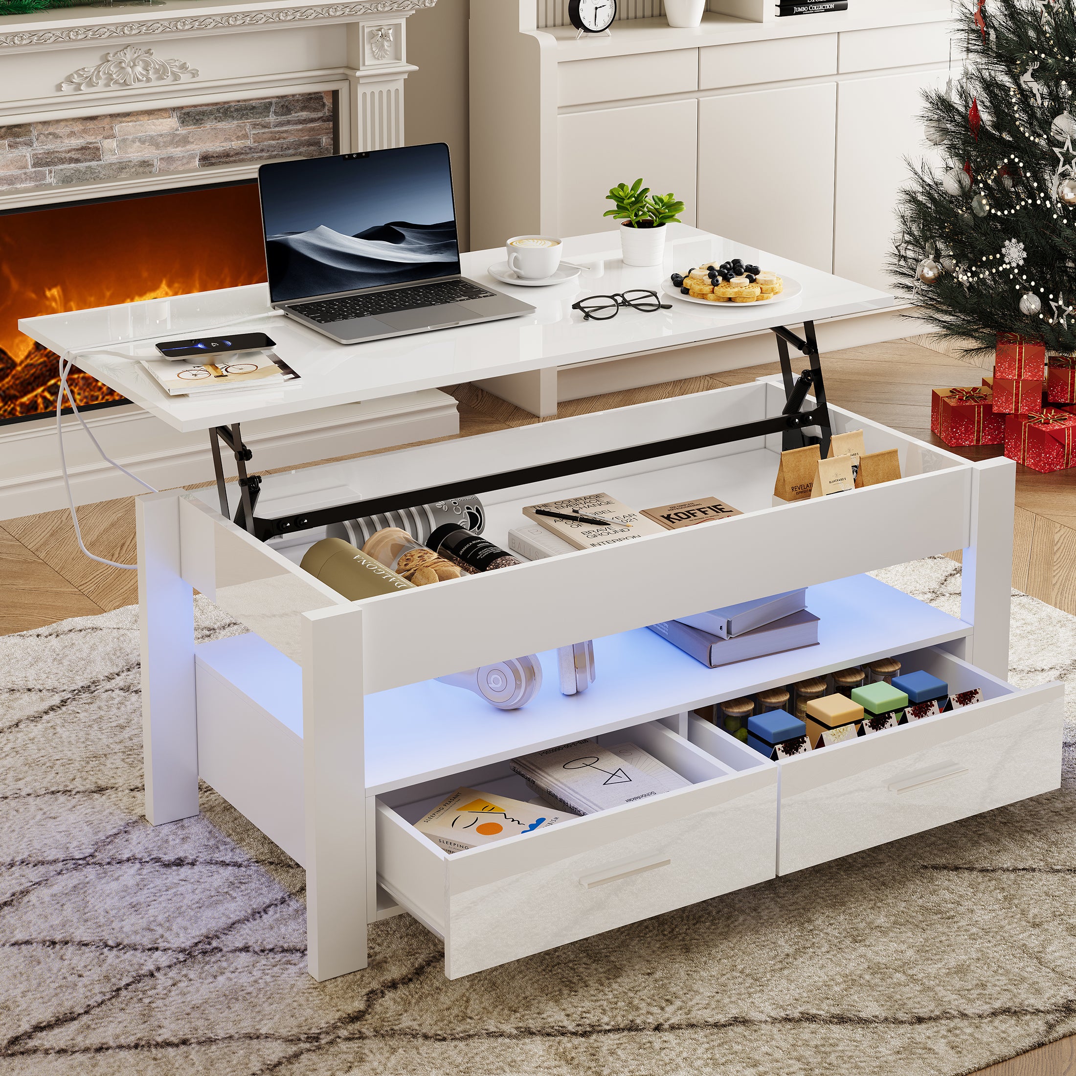 PAPROOS Lift Top Coffee Table for Living Room, Modern High Gloss Desktop Coffee Table with LED Light, Wood Coffee Table with Lifting Top and 2 Drawers, Hidden Storage, Black
