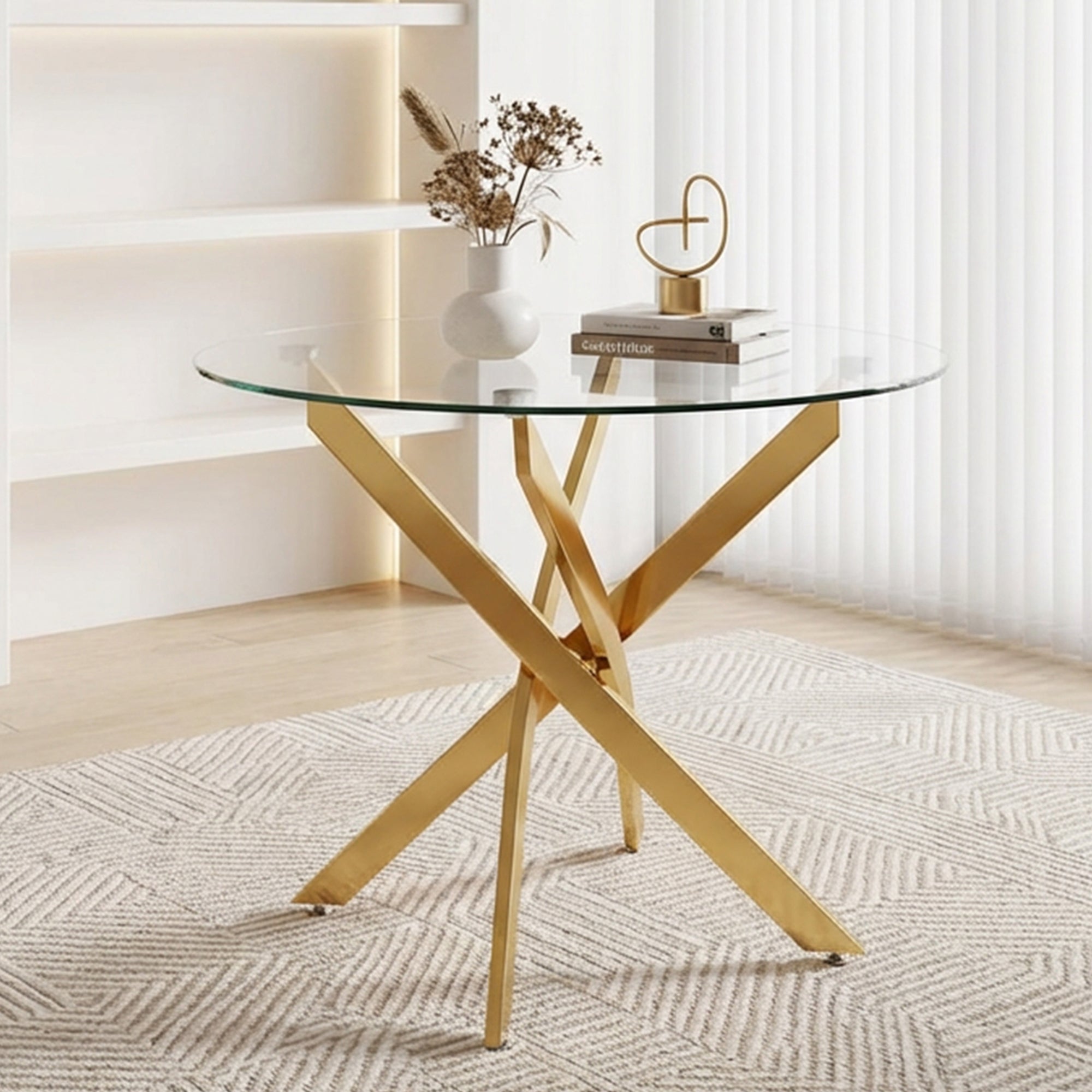 40" Round Glass Dining Table, Paproos Dining Table for 4, Kitchen Table with Gold Plated Metal Legs, Minimalist Glass Dining Room Table for Kitchen, Gold(Only Table)