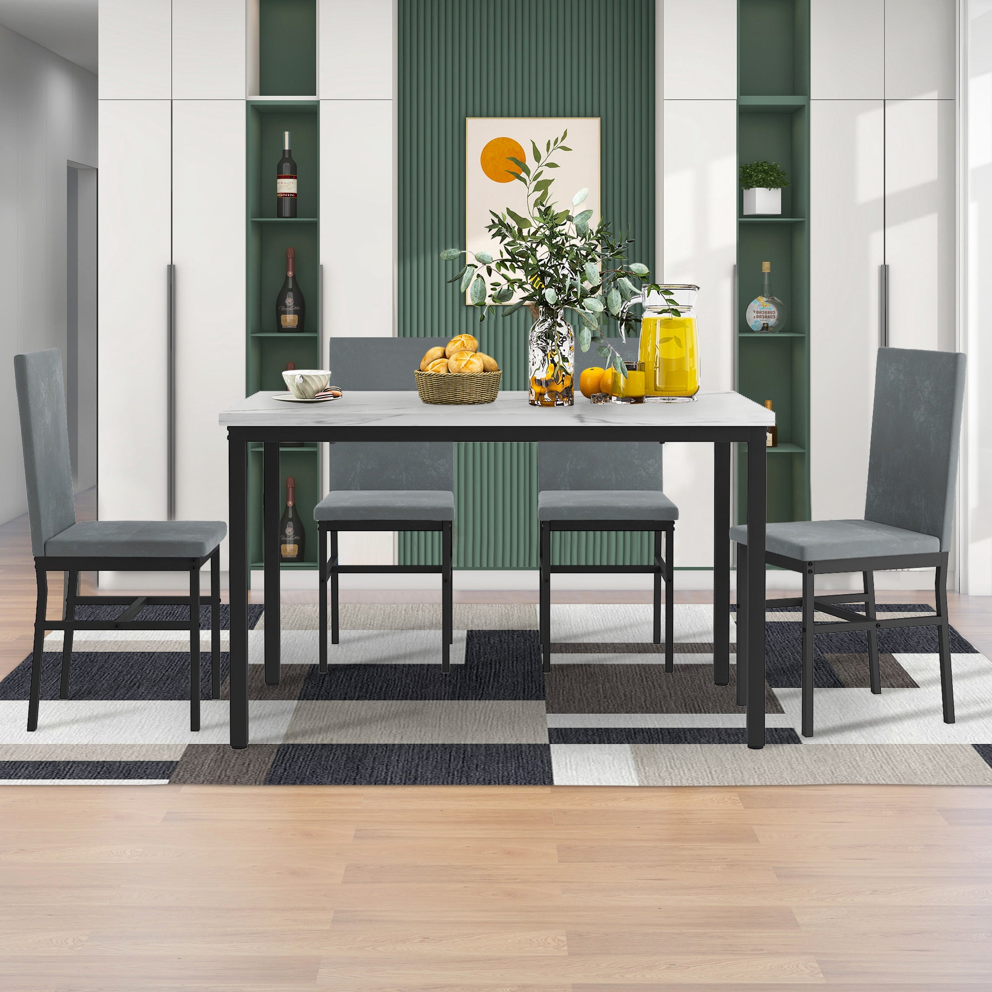PAPROOS Dining Table Set for 4, Modern 5-Piece Kitchen Table Set with Marble Top and Faux Leather Upholstery Chairs