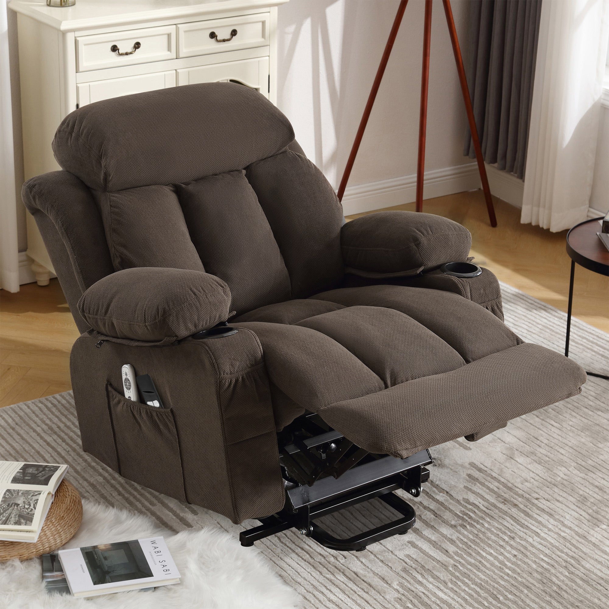 PAPROOS Power Lift Recliner Chair for Elderly with Heat and Massage, Electric Velvet Lift Chair with USB Port, Side Pockets and Cup Holders, Remote Control Recliner for Living Room, Brown