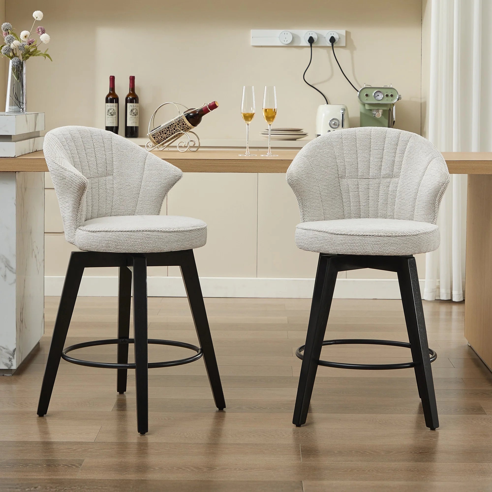 PAPROOS Swivel Bar Stools Set of 2, Modern Counter Height Stools with Chenille Upholstery, Kitchen Barstools with Solid Wood Frame for Kitchen Island