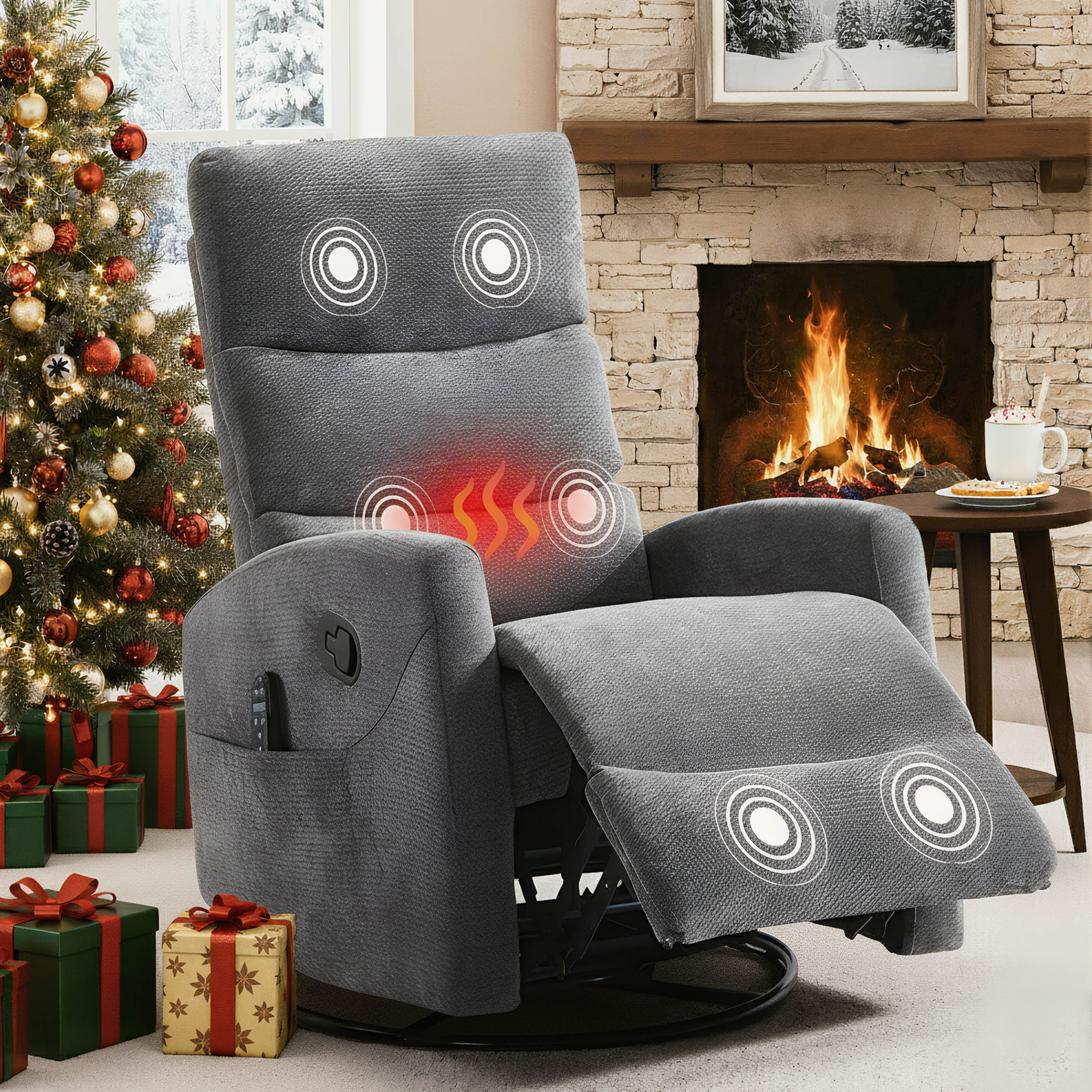 PAPROOS Recliner Chair with Massage and Heat, Fabric 360° Swivel Rocker Recliner, Rocking Chair for Nursery, Manual Recliner for Adults for Home Theater Living Room
