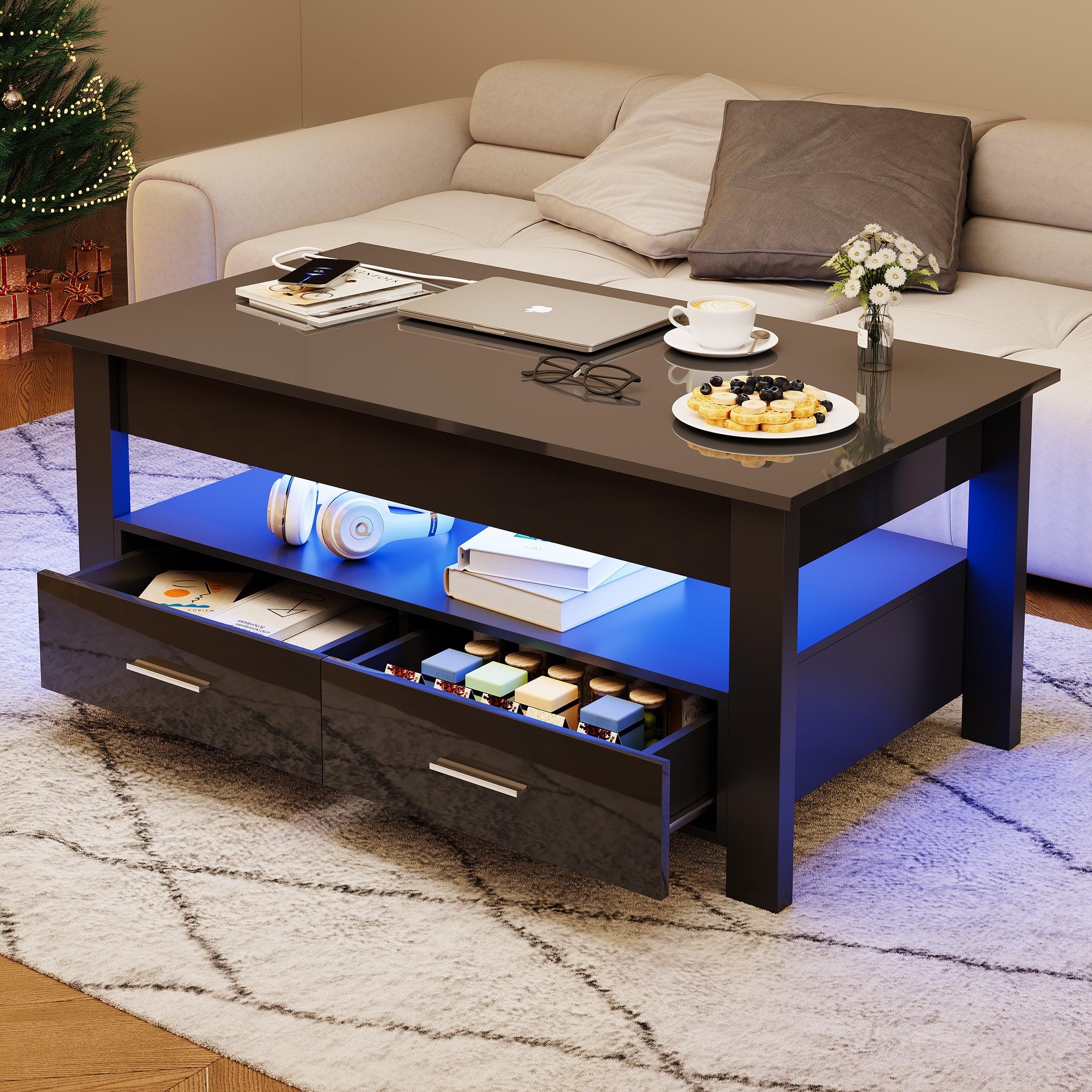 PAPROOS Lift Top Coffee Table for Living Room, Modern High Gloss Desktop Coffee Table with LED Light, Wood Coffee Table with Lifting Top and 2 Drawers, Hidden Storage, Black
