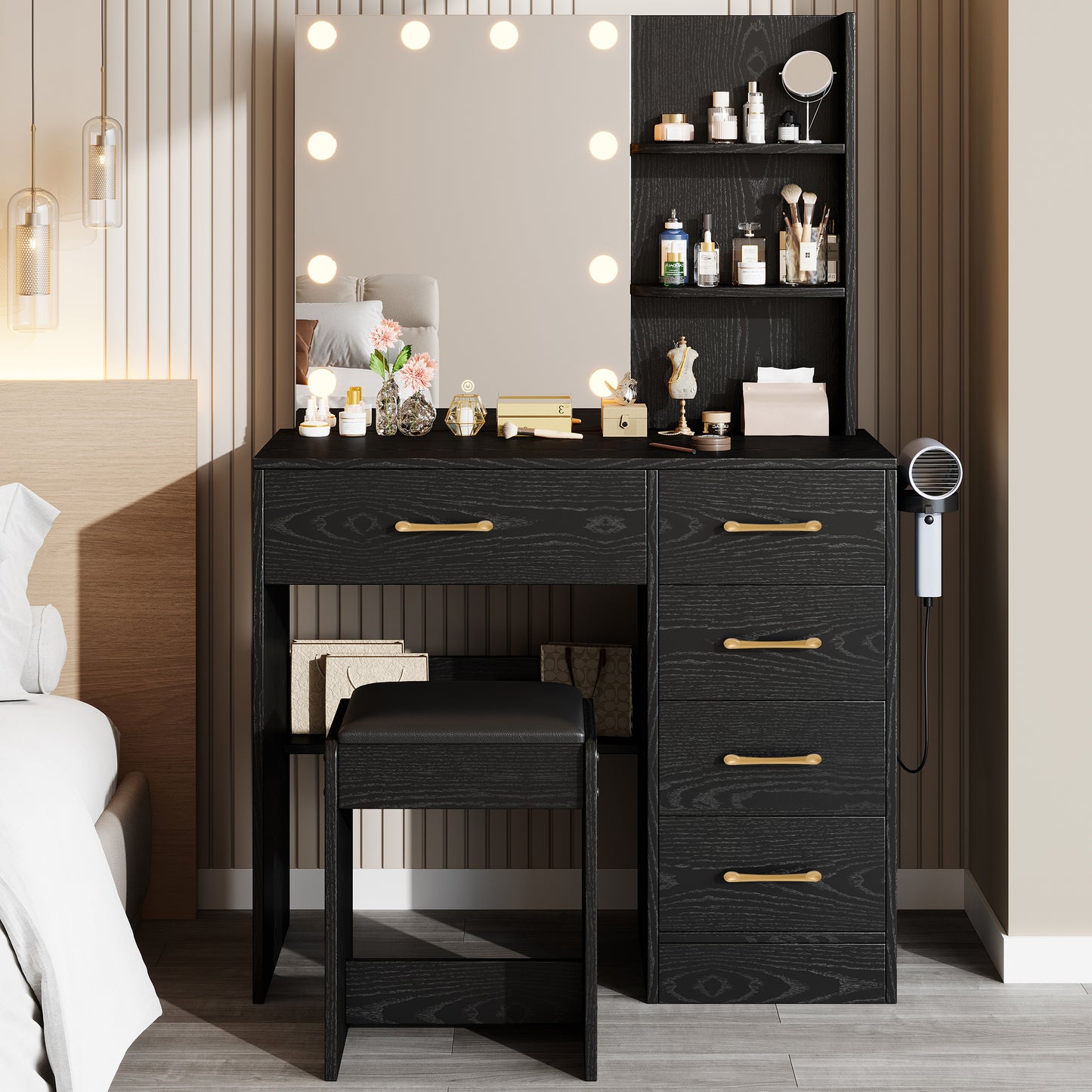 Black Vanity Set with Mirror and Light for Women, PAPROOS Small Vanity Desk with 5 Drawers, Modern Wood Makeup Table with Hair Dryer Rack and Stool