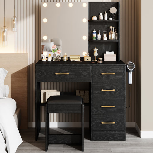 Black Vanity Set with Mirror and Light for Women, PAPROOS Small Vanity Desk with 5 Drawers, Modern Wood Makeup Table with Hair Dryer Rack and Stool