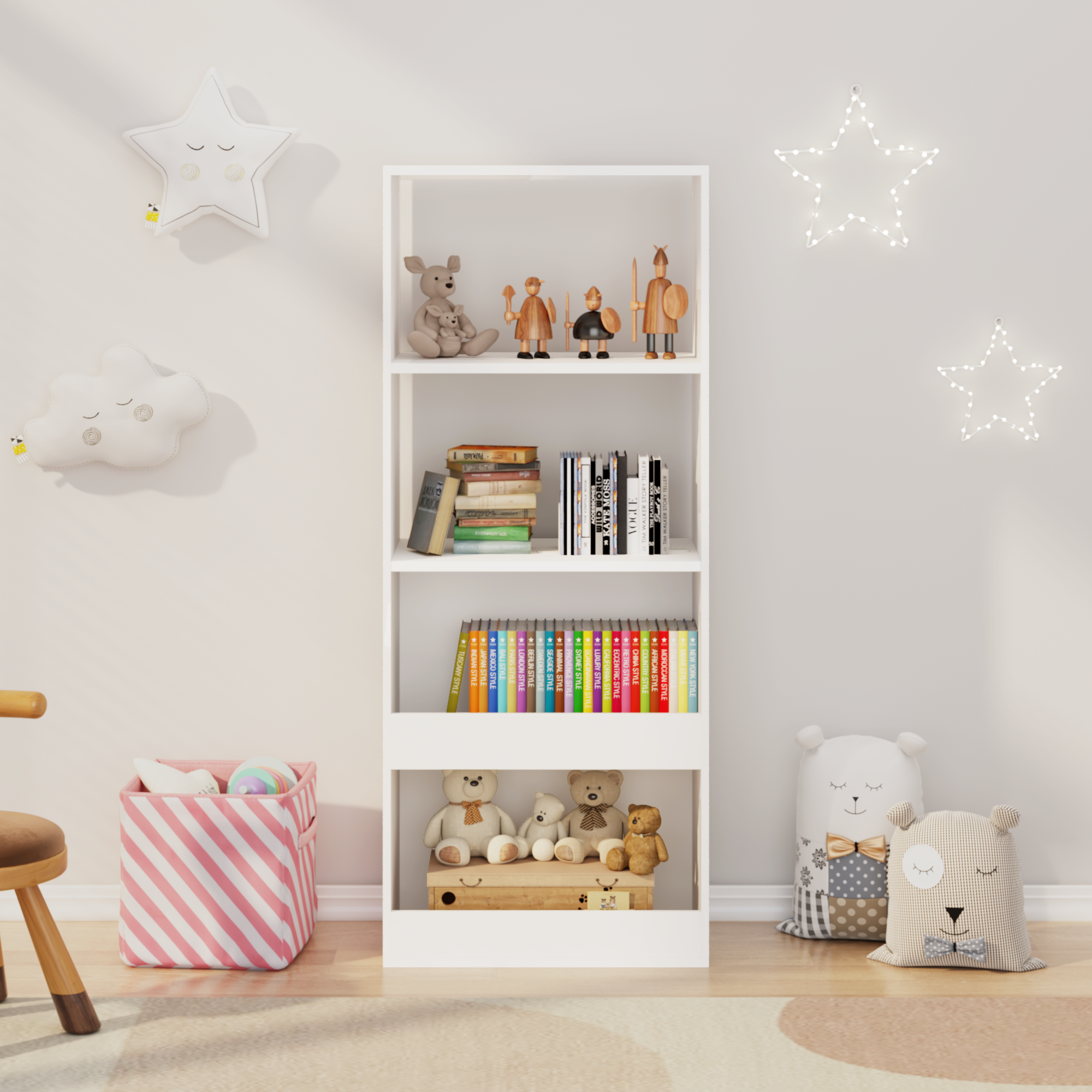 4 Tier Kids Bookshelf, Wood Bookshelf for Kids, Modern Kids Book Rack, Toy Storage Organizer for Playroom, Bedroom, Classroom, White
