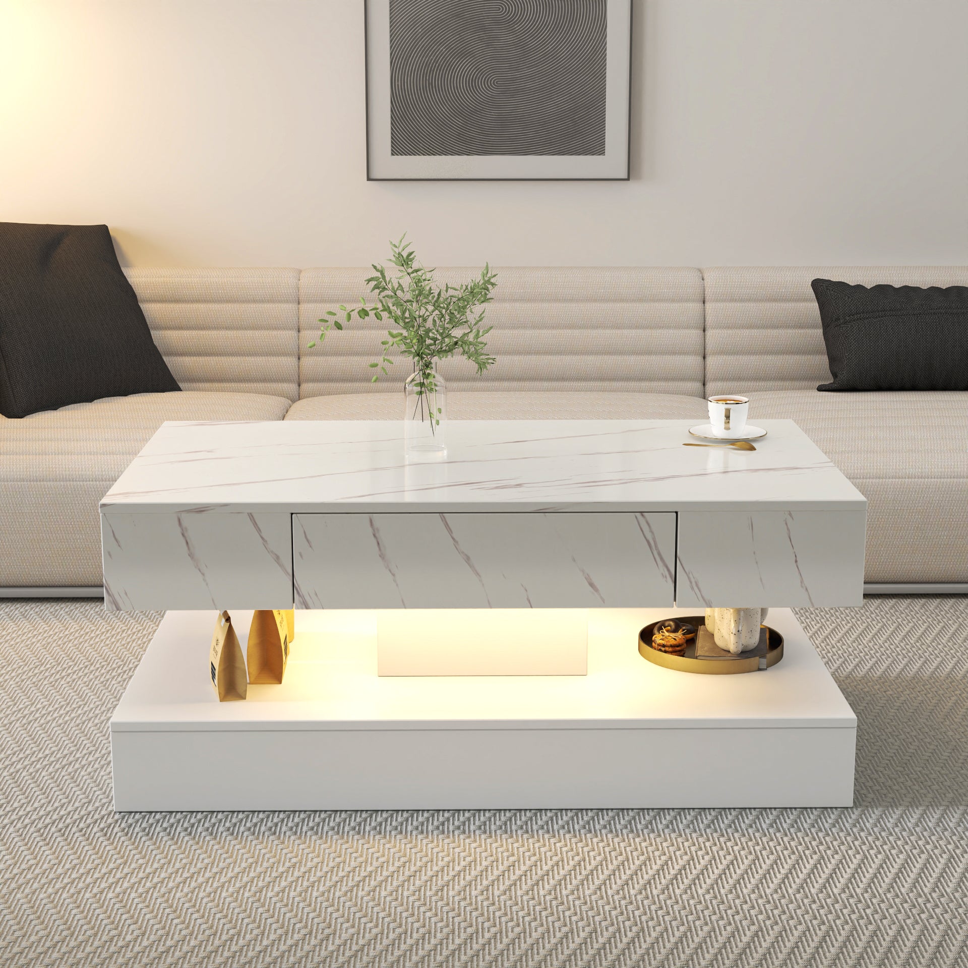 PAPROOS LED White Coffee Table 39" with 2 Drawers