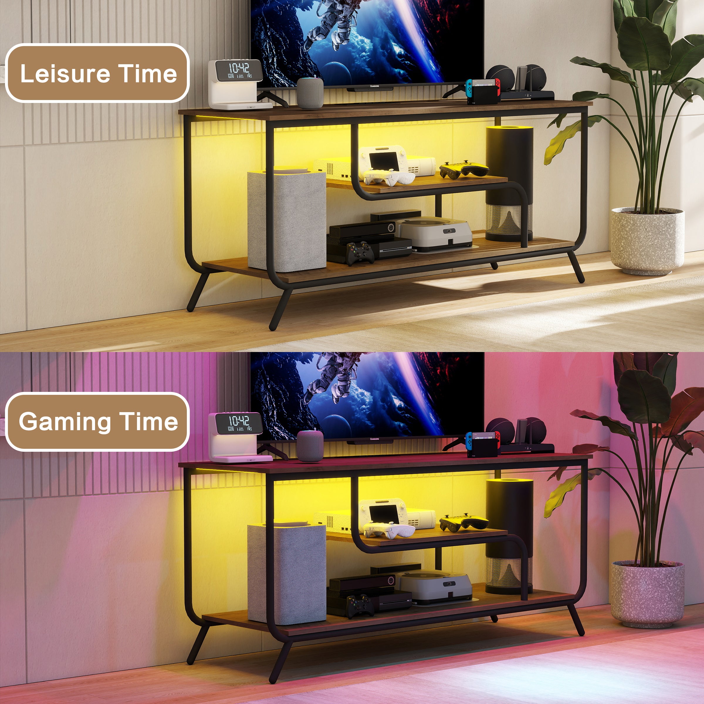 PAPROOS LED TV Stand for 55 Inch TV, Entertainment Center with Power Outlets, TV Cabinet with 2 Open Storage Shelves and Metal Frame, Media Console Table for Living Room, Office