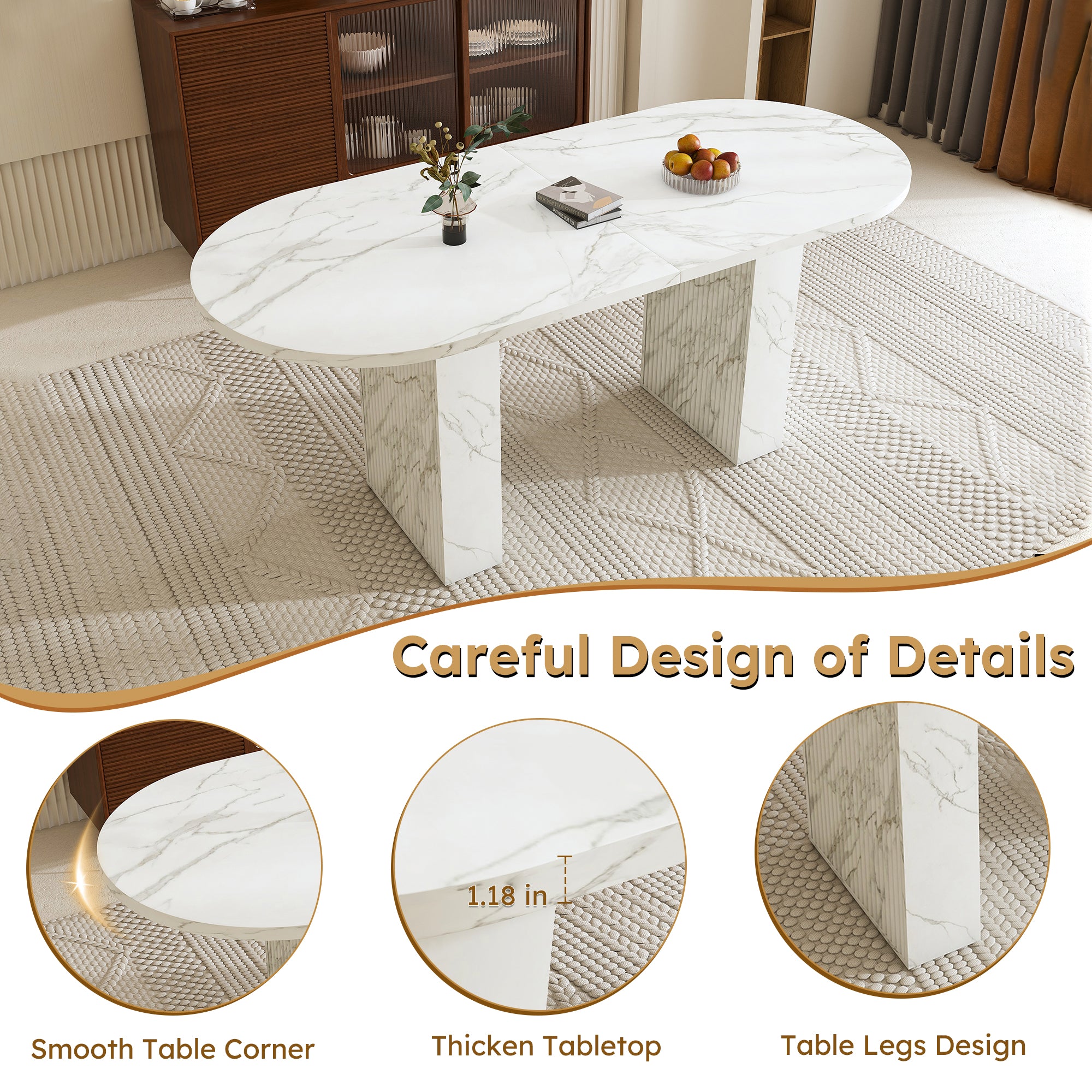 63inch Oval Dining Table for 4-6, Paproos Kitchen Table with Marble-Color Wood Waterproof Tabletop, Wooden Strip Base, Wood Dining Room Table for Office Dining Living Room, White(Only Table)