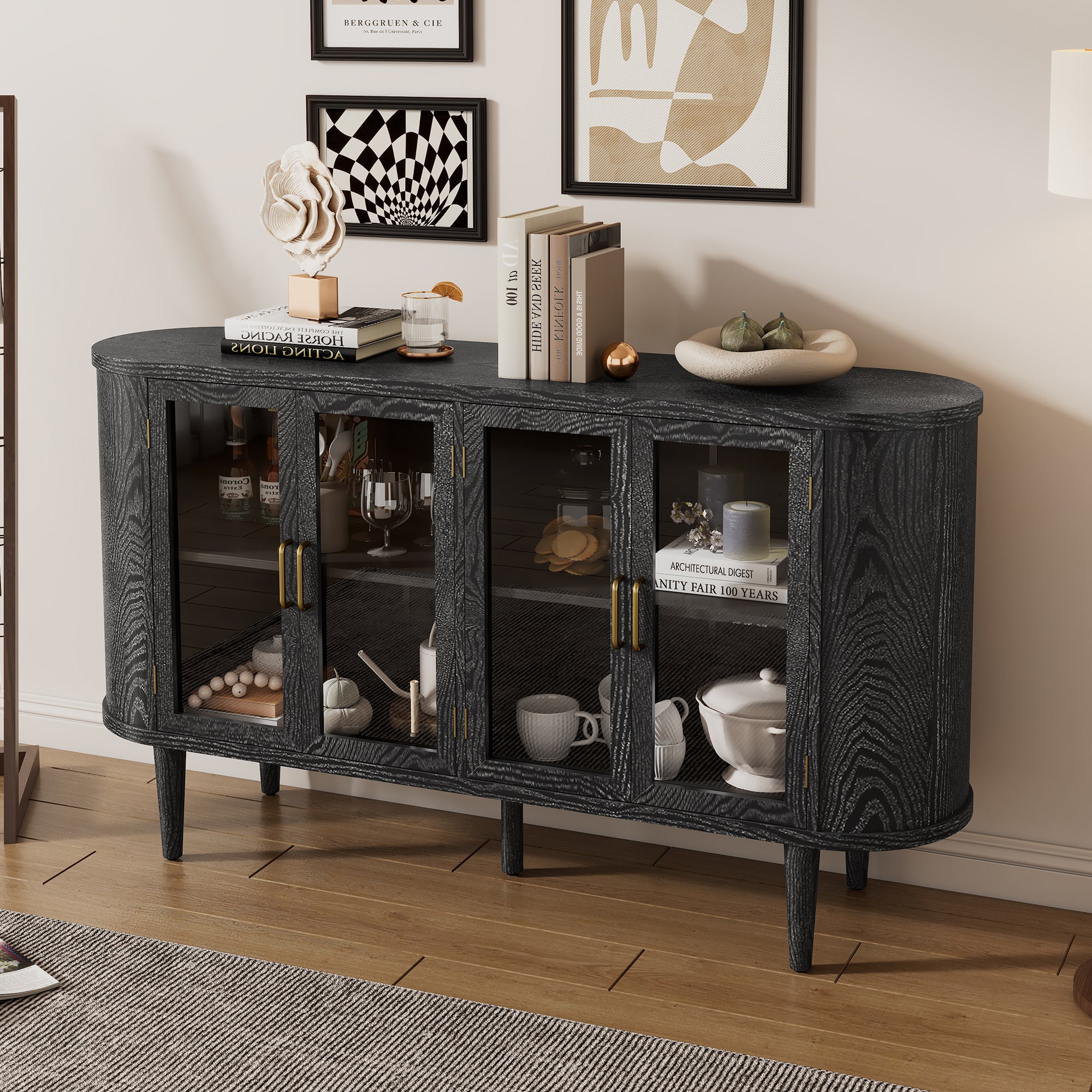 Paproos 60" Buffet Cabinet with Storage, Wooden Sideboard Buffet Cabinet with Glass Doors and Adjustable Shelves, Farmhouse Kitchen Sideboard Cabinet for Living Room, Hallway, Entryway, Natural