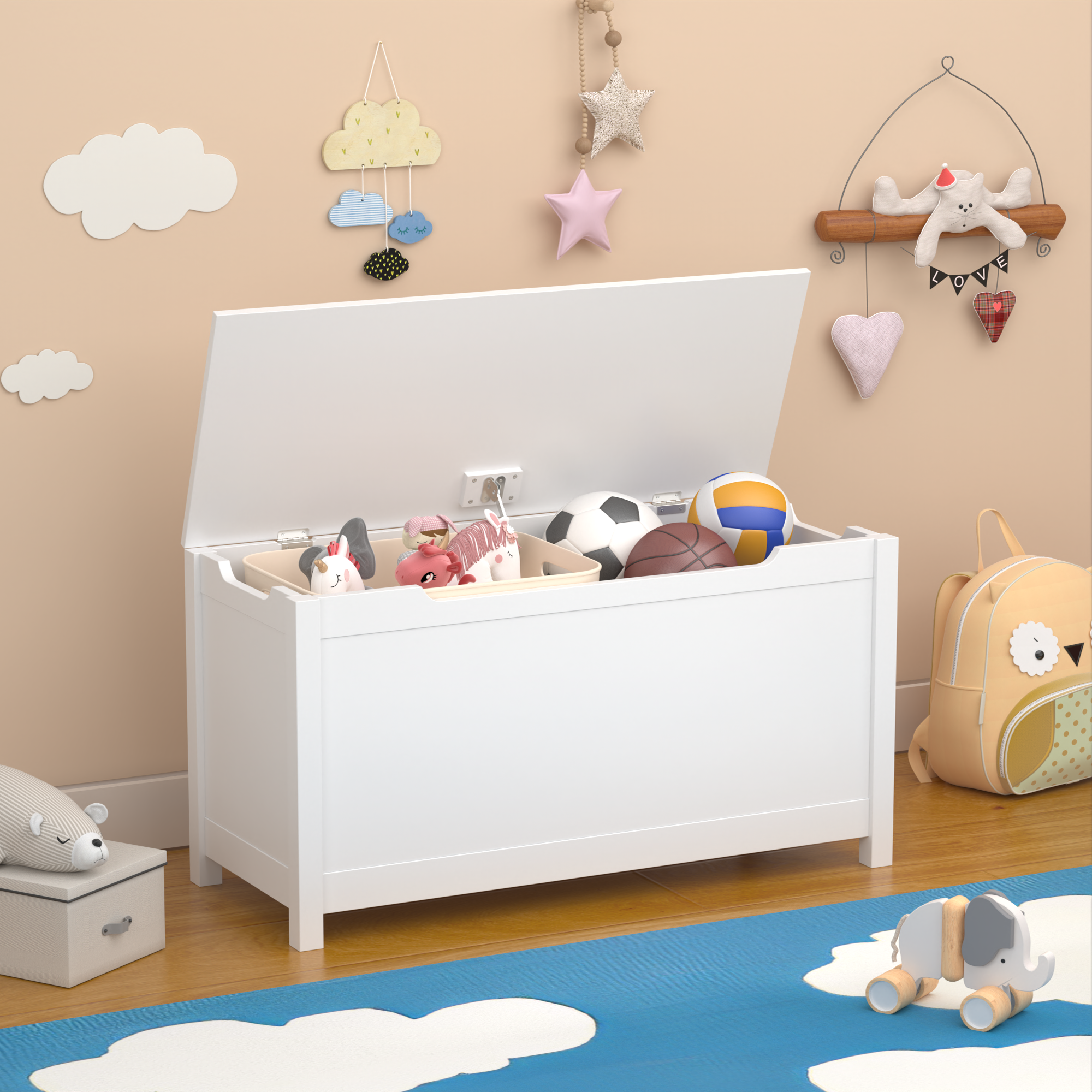 Toy Box for Boys Girls, Wooden Kids Toy Chest with Storage Bench and Safety Hinged Lid, Modern Toy Storage Organizer for Living Room, Bedroom, Toddler Room, White