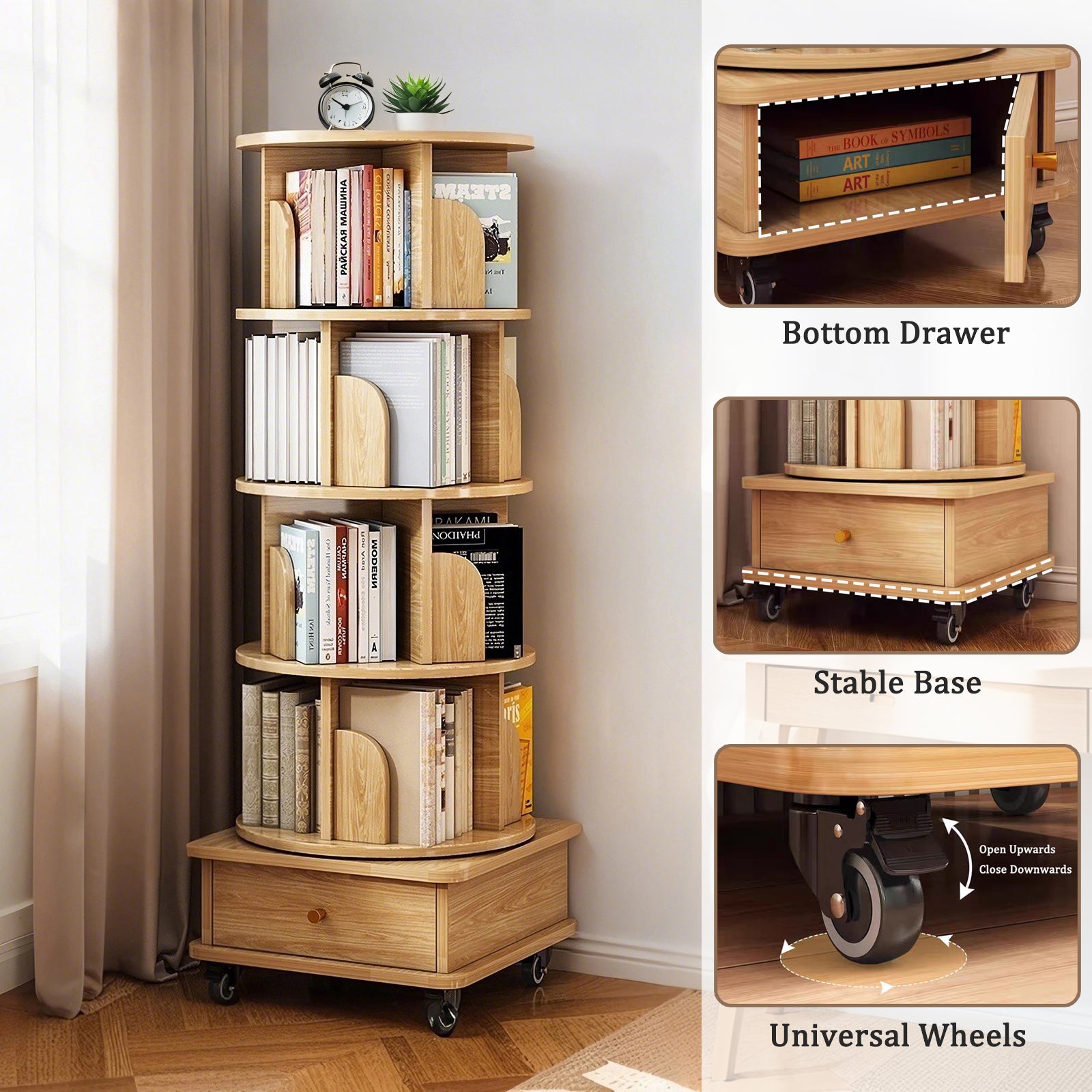 Paproos 5 Tier Rotating Bookshelf, 360° Display Wood Spinning Bookshelf Tower with Wheels and Bottom Drawer, Small Rotating Bookcase, Corner Book Shelf for Home Office, Bedroom, Warm White