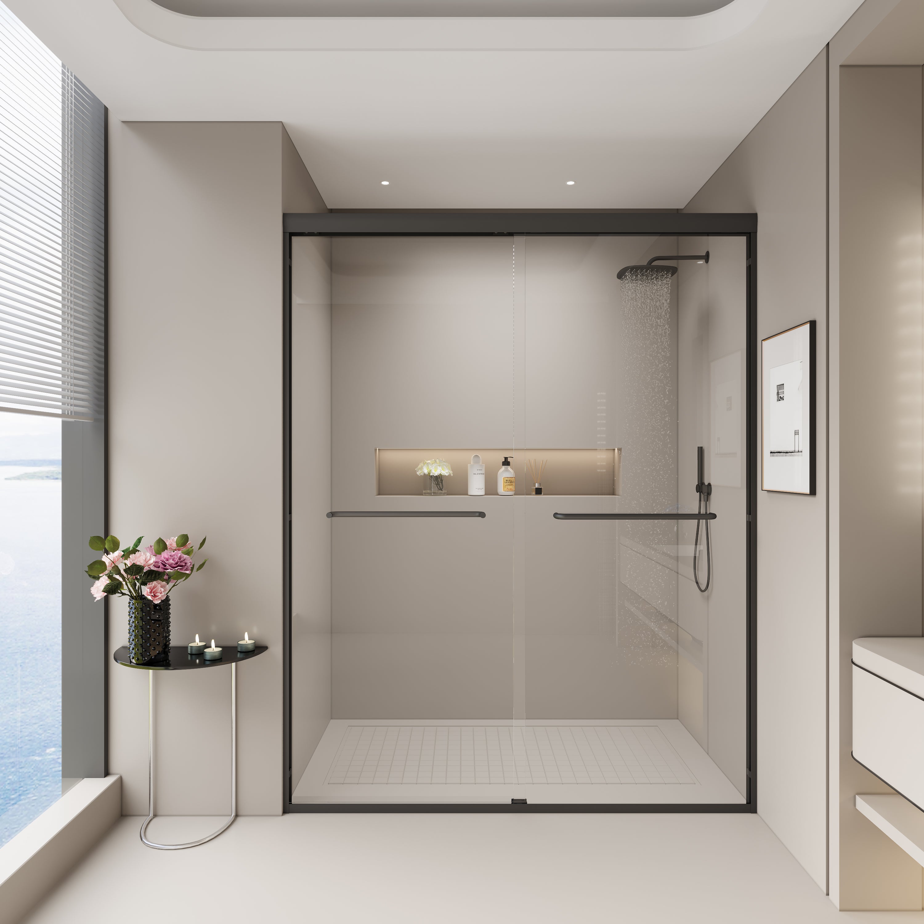 PAPROOS 44"-48" W x 72" H Sliding Shower Door, Modern Double Tub Door with Aluminum Frame, Bathtub Door with 1/4” (6 mm) Clear Tempered Glass, Stainless Steel Handle, SGCC Certified, Matte Black