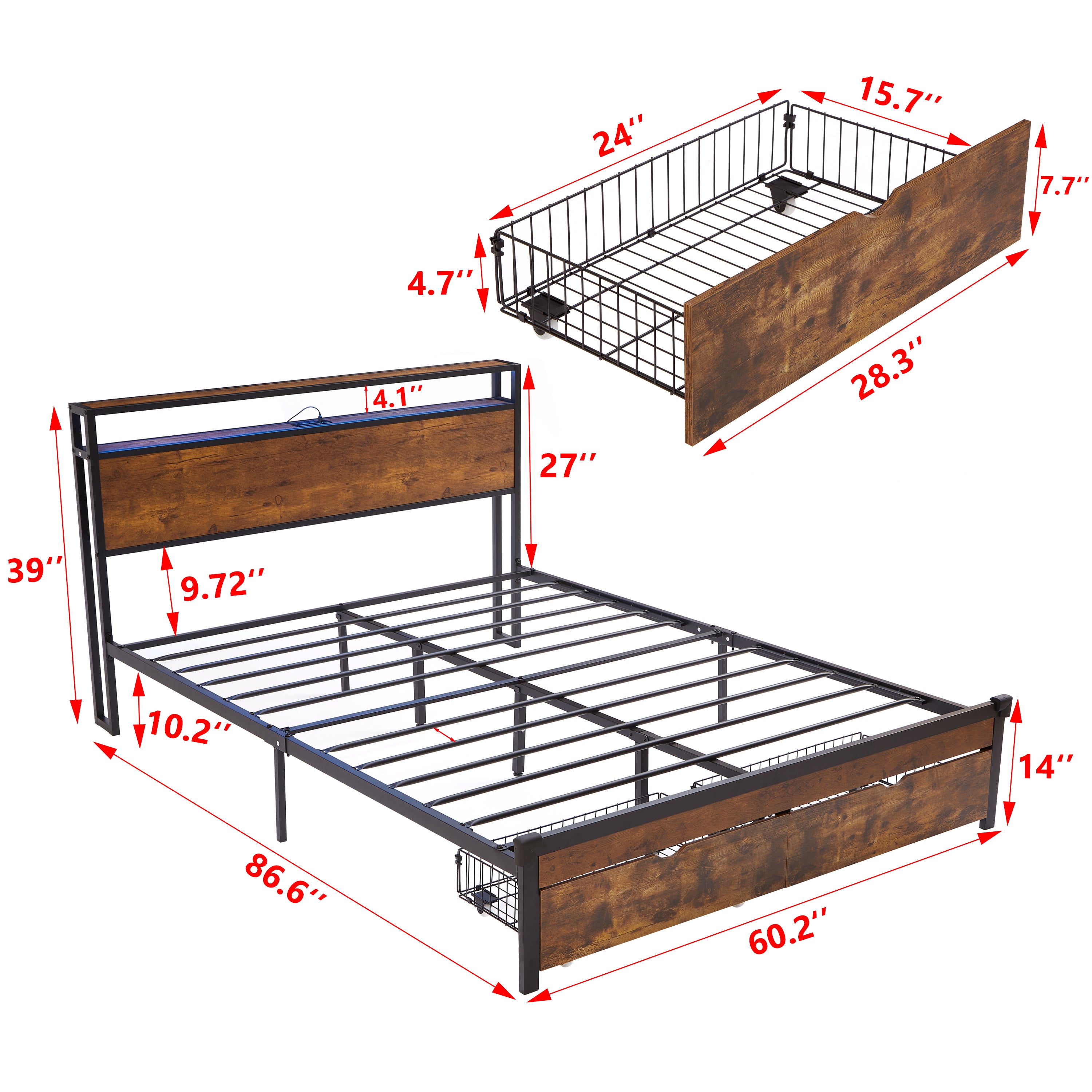 PAPROOS Full Size Bed Frame, Metal Platform Bed with Upholstered Storage Headboard, 2 drawers, Charging Station, Full Bed Frame with Metal Slats
