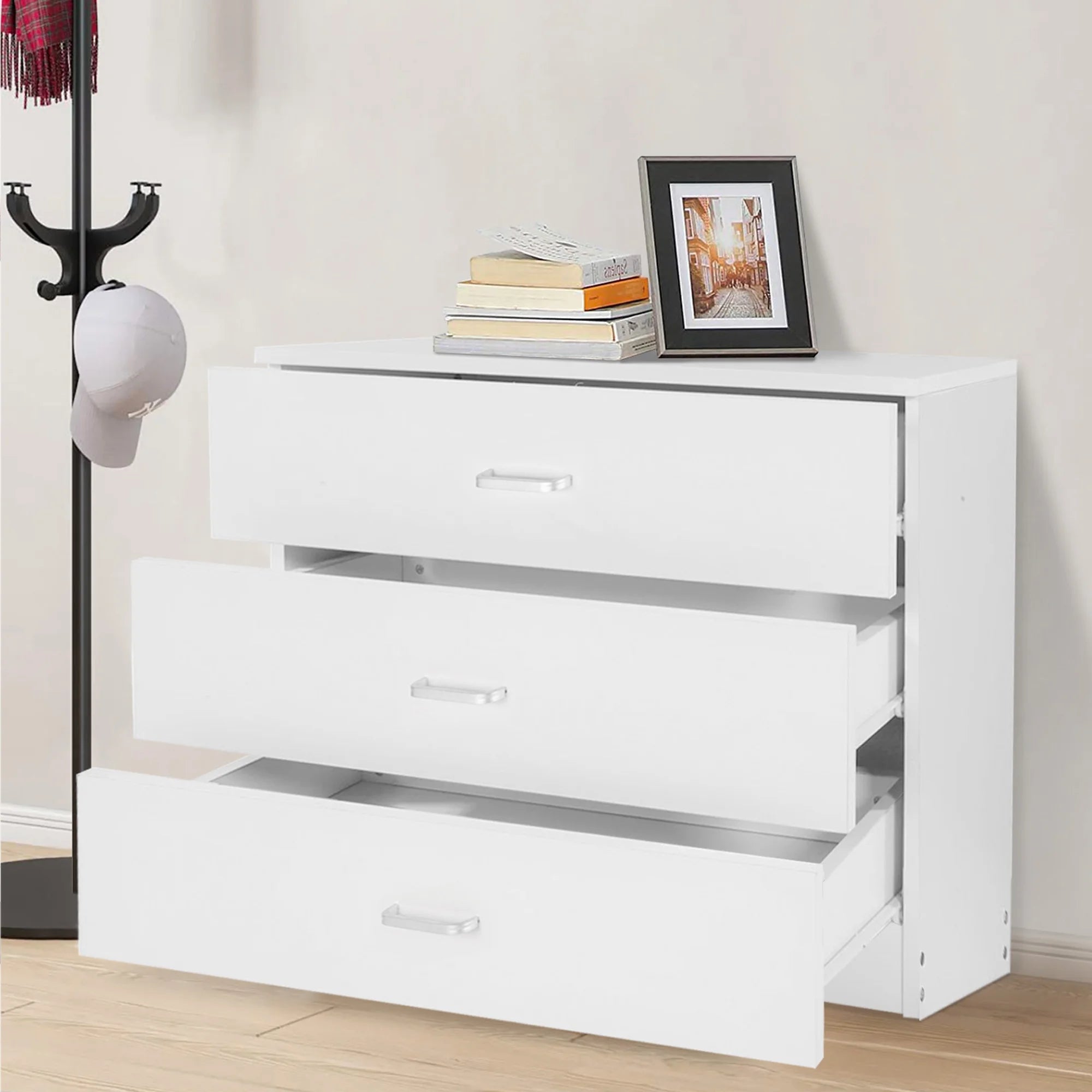 PAPROOS Modern White 4 Drawer Dresser, Chest of Drawers for Bedroom, Storage Cabinet Dresser Organizer Unit with Handle for Living Room, Closet, Hallway, Nursery