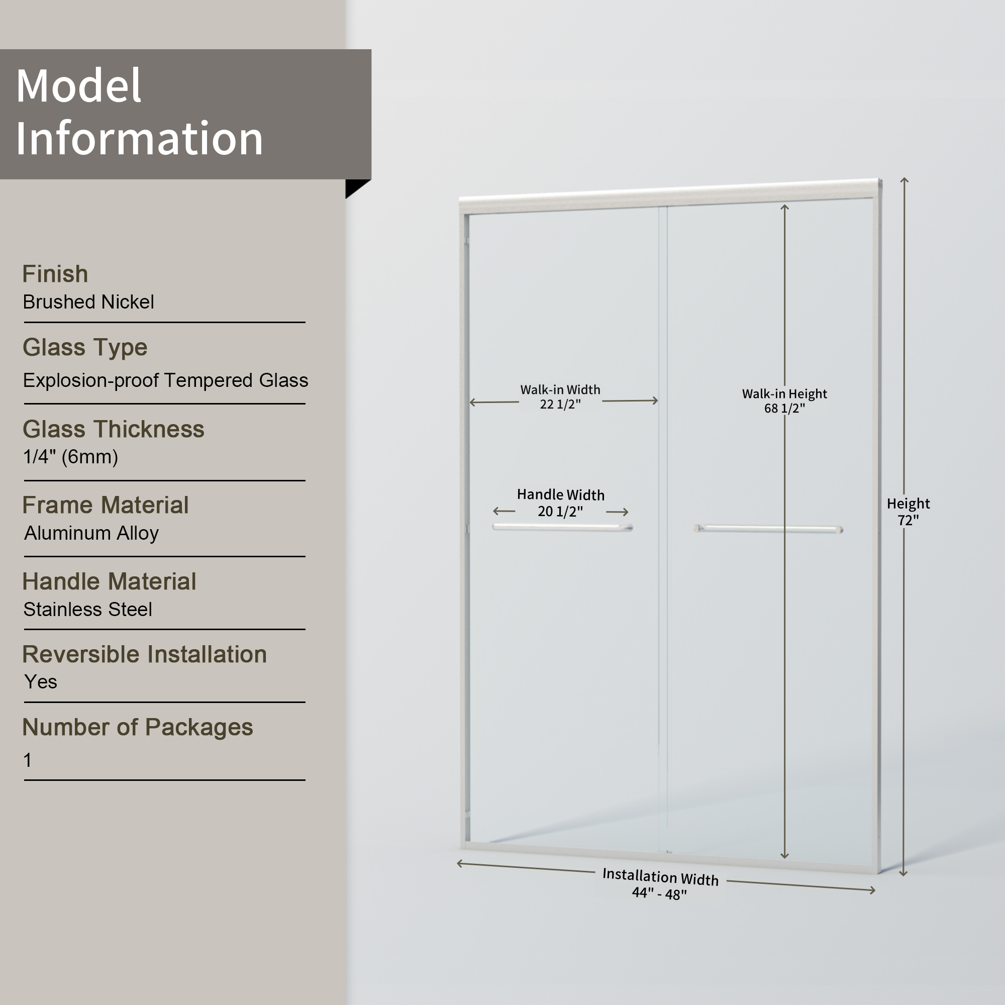 PAPROOS 44"-48" W x 72" H Sliding Shower Door, Modern Double Tub Door with Aluminum Frame, Bathtub Door with 1/4” (6 mm) Clear Tempered Glass, Stainless Steel Handle, SGCC Certified, Matte Black