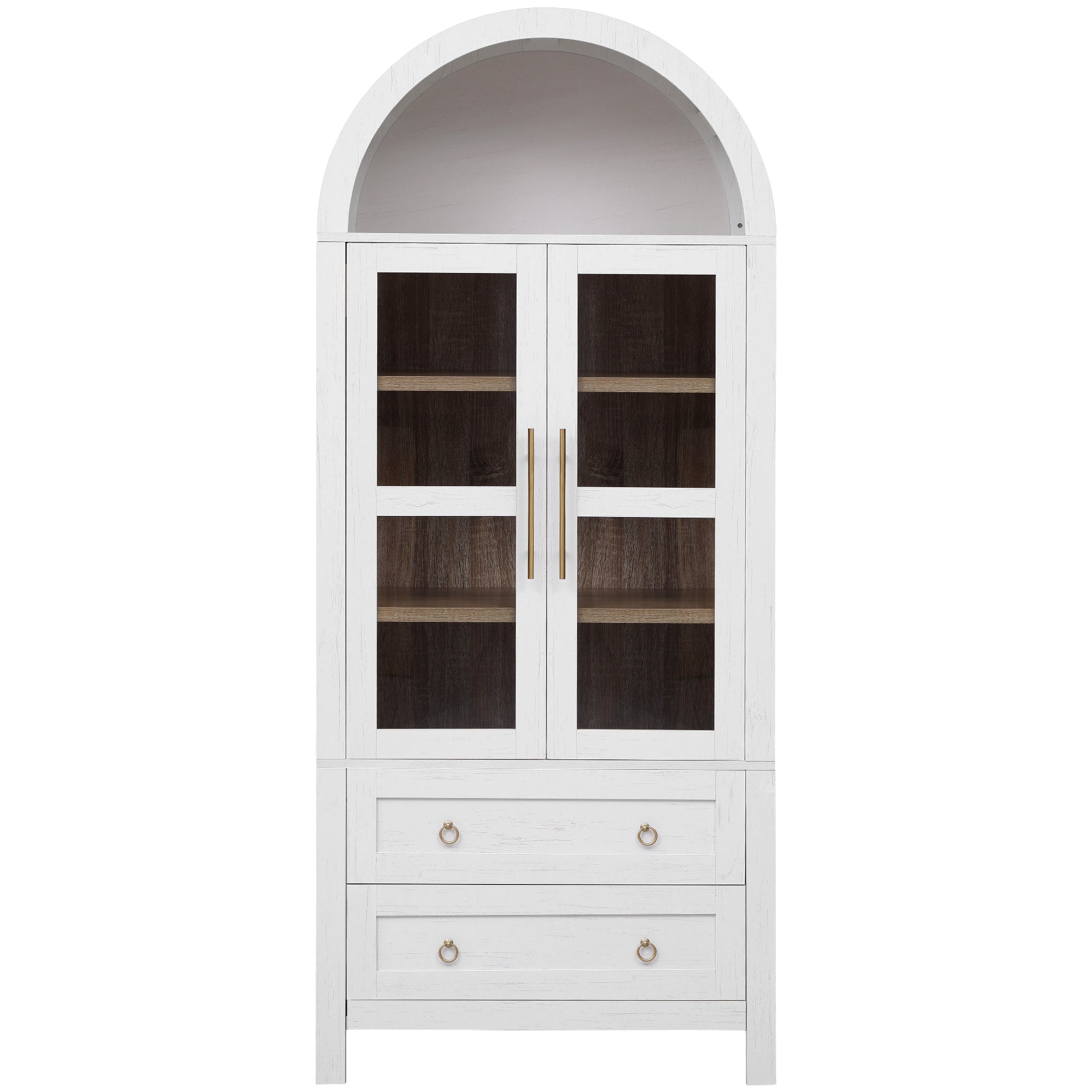 PAPROOS 71” H Arched Kitchen Pantry Cabinet, Wood Tall Pantry Storage Cabinet with 2 Large Drawers, 2 Glass Doors, Modern Farmhouse Hutch Cupboard with Adjustable Shelves for Living Room, White