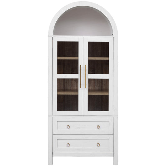 PAPROOS 71” H Arched Kitchen Pantry Cabinet, Wood Tall Pantry Storage Cabinet with 2 Large Drawers, 2 Glass Doors, Modern Farmhouse Hutch Cupboard with Adjustable Shelves for Living Room, White