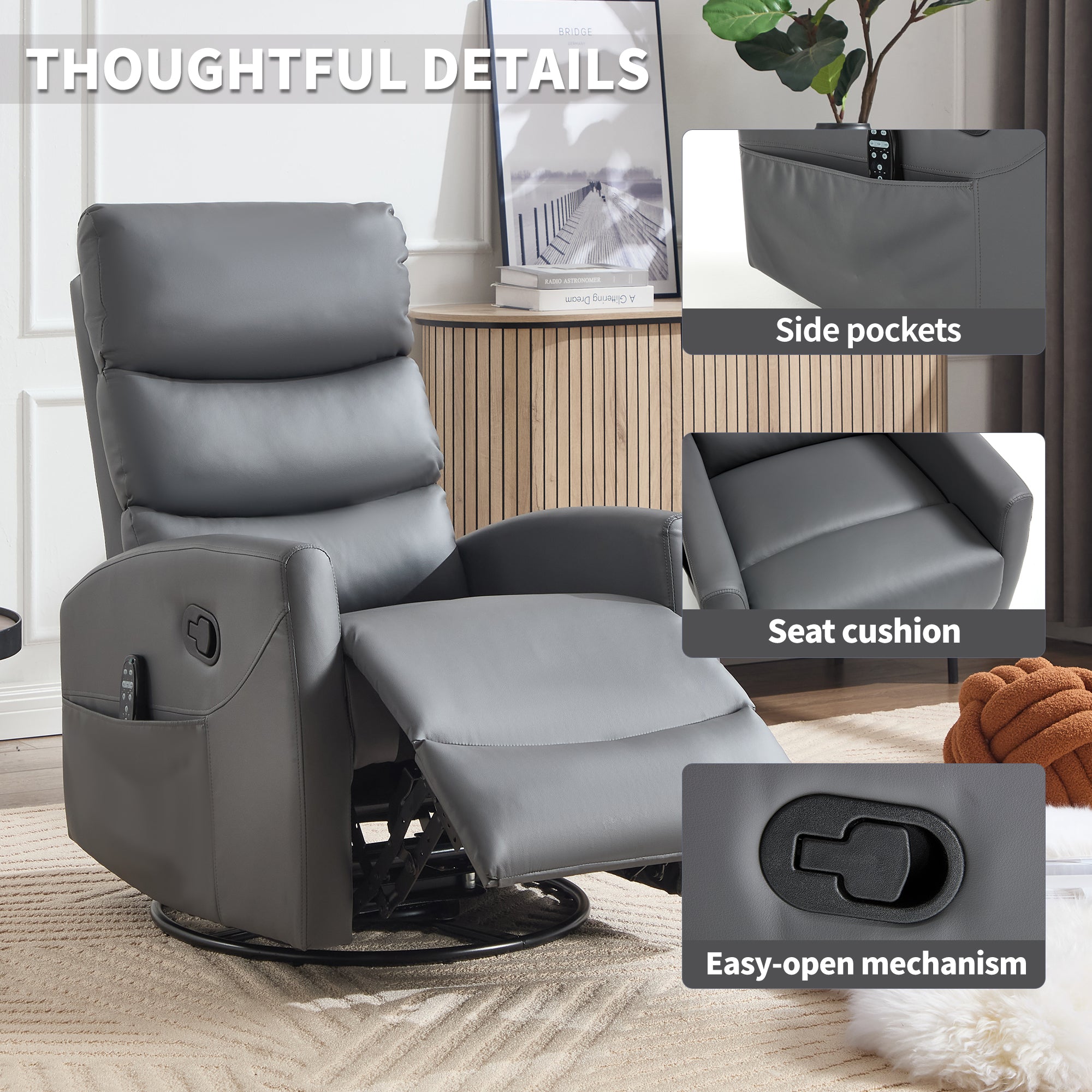 PAPROOS Rocker Recliner with Heat Therapy and Massage, PU Leather 360°Swivel Rocker Recliner, Rocking Chair for Nursery, Small Rocking Recliner, Manual Recliner for Home Theater Living Room